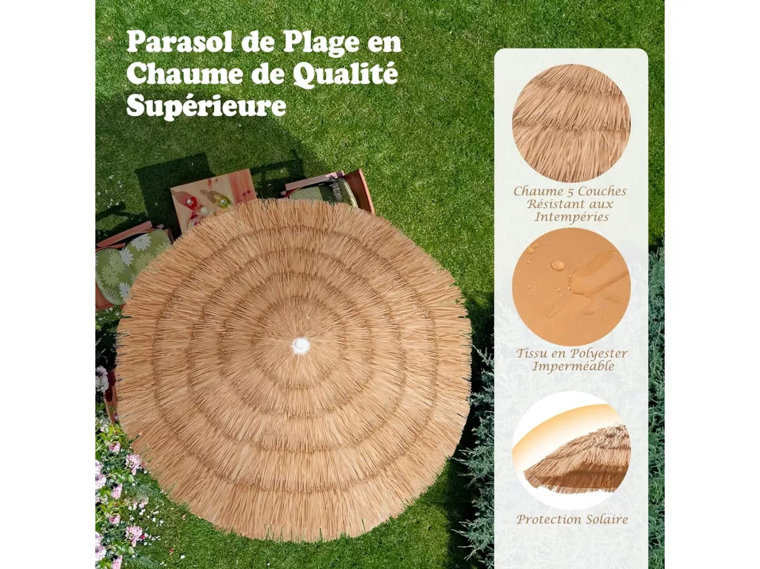 Parasol inclinable hawaïen 140-195cm avec sac de transport--UPF 30+/Ø155 cm Parasol de Plage en Paille pour Terrasse Jardin Piscine