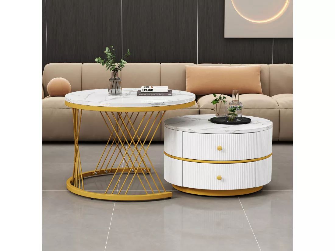 Lot de 2 tables basses gigognes rondes avec 2 tiroirs - 60x60x46cm + 50x50x30.8cm - Motif à marbre - Bois MDF et métal - Blanc + or