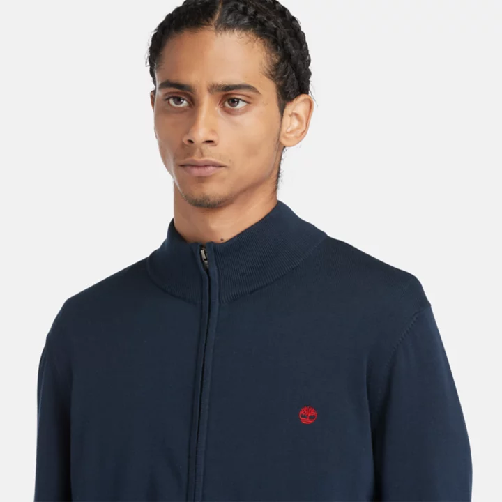 Suéter masculino Williams River de algodão com zíper frontal na cor azul marinho.