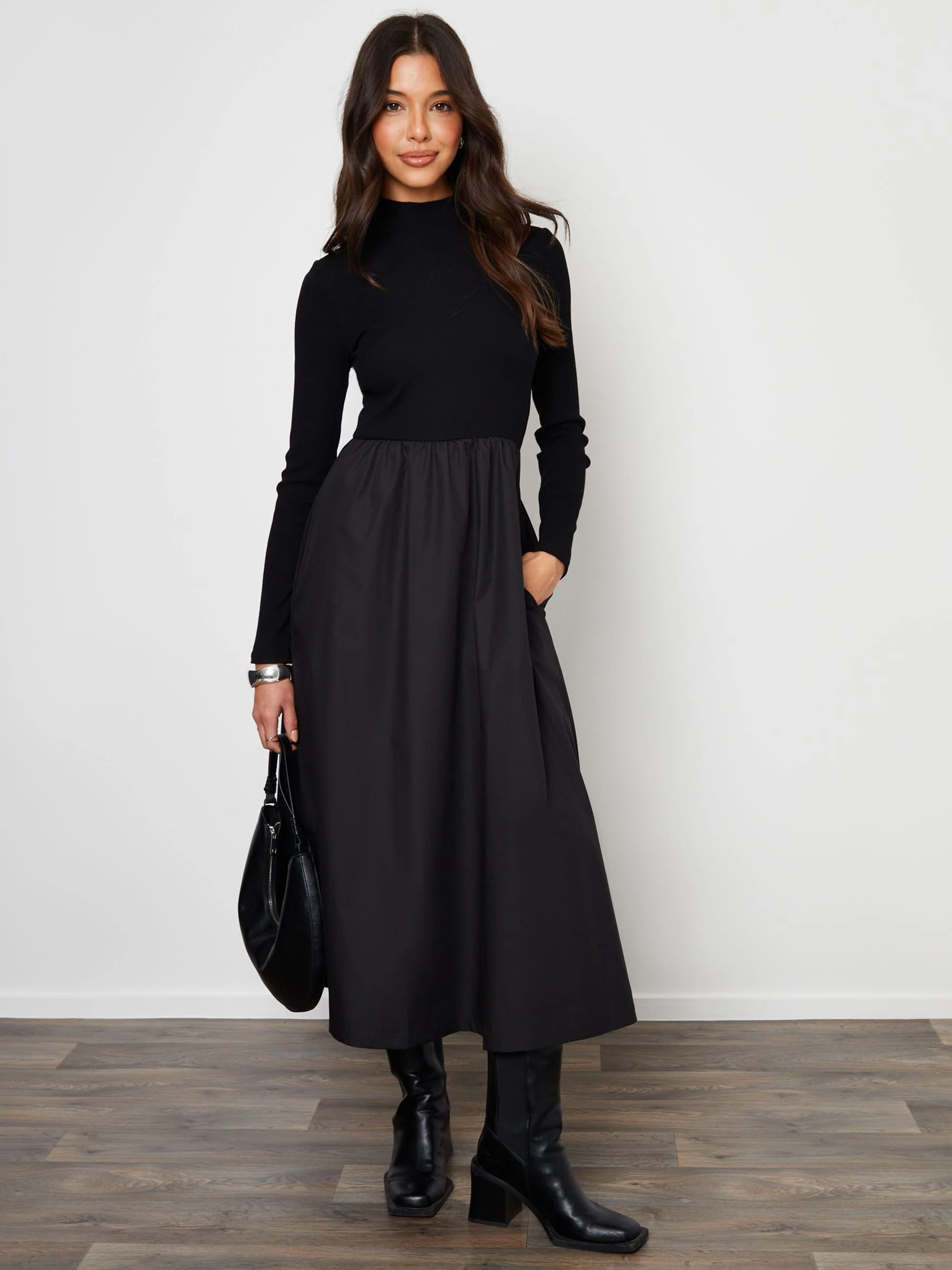 Zwart - Threadbare High Neck 2 In 1 Jersey Poplin Mix Mini Dress