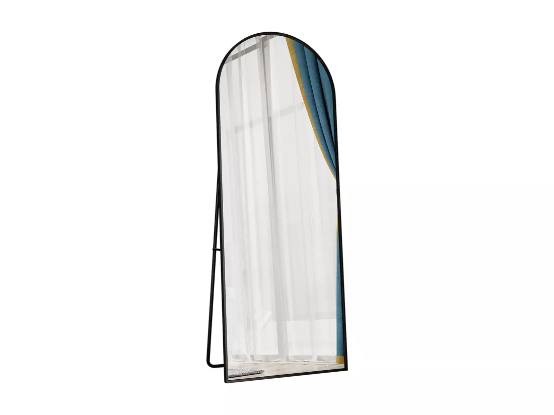 Miroir pleine longueur 162 x 53 cm, sur pied, suspendu ou appuyé, grand miroir de sol avec cadre en alliage d'aluminium noir pour salon ou chambre à coucher, Arc