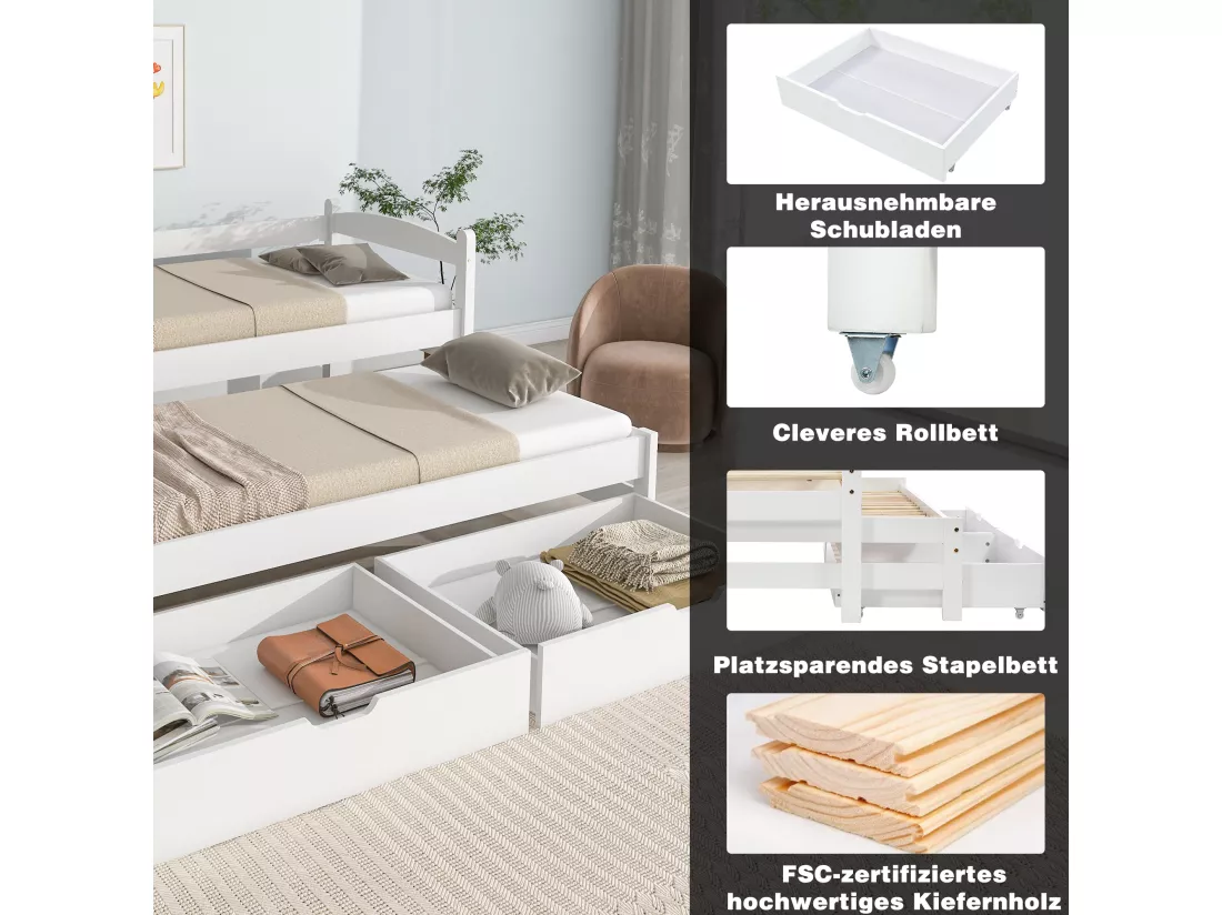 Lit gigogne avec rangement - 90 x 200 cm + 190 x 90 cm - 2 tiroirs - bois massif - coloris blanc