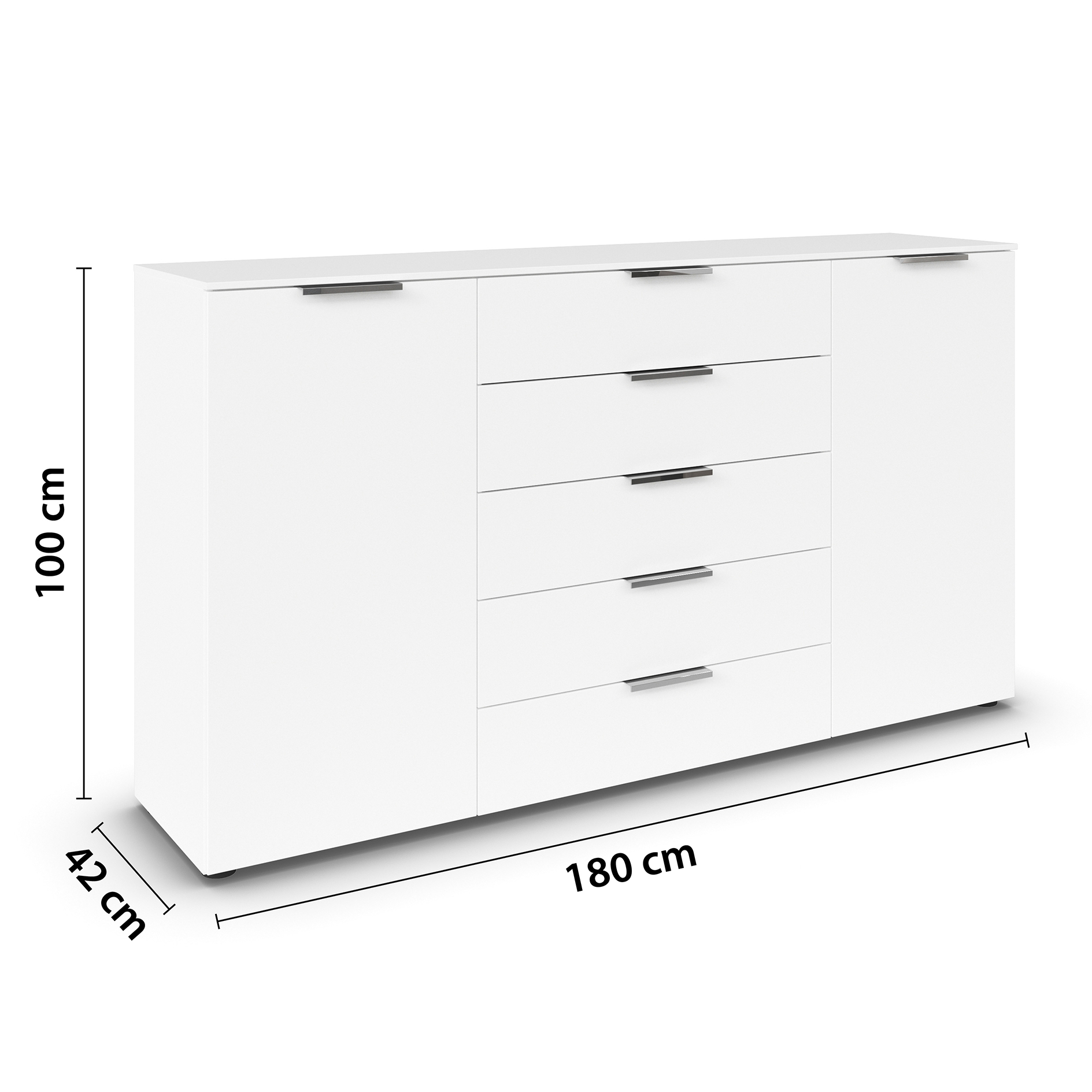 Kommode - alpinweiß - Chromgriffe - 180 cm