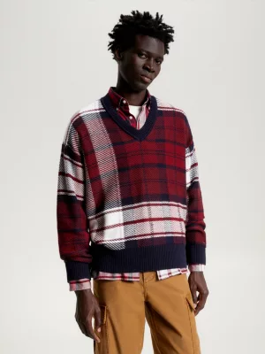 Suéter xadrez tartan com decote em V