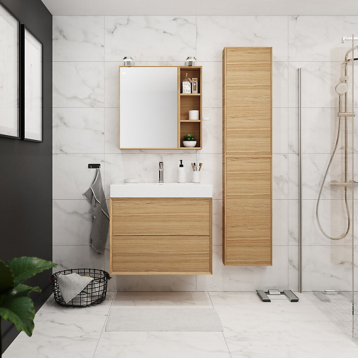 Meuble sous vasque à suspendre GoodHome Avela placage chêne 80 cm + plan vasque Duala