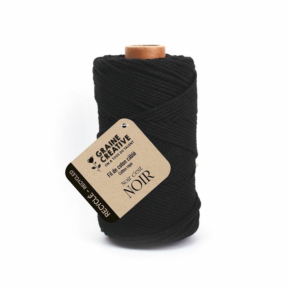 Coton cablé recyclé noir 100 m x 2 mm