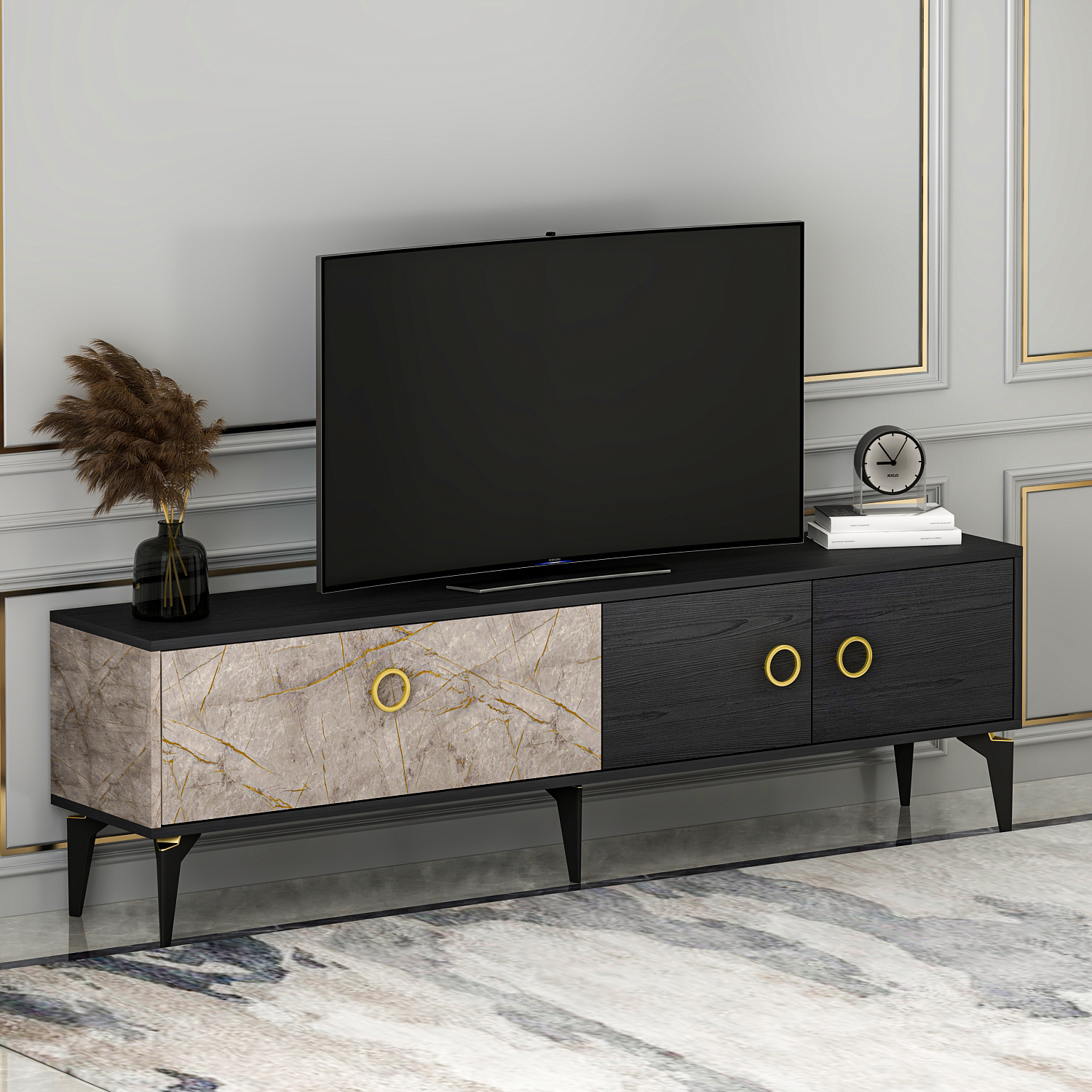 TV-Lowboard - schwarz-beige - 3-türig - 180 cm