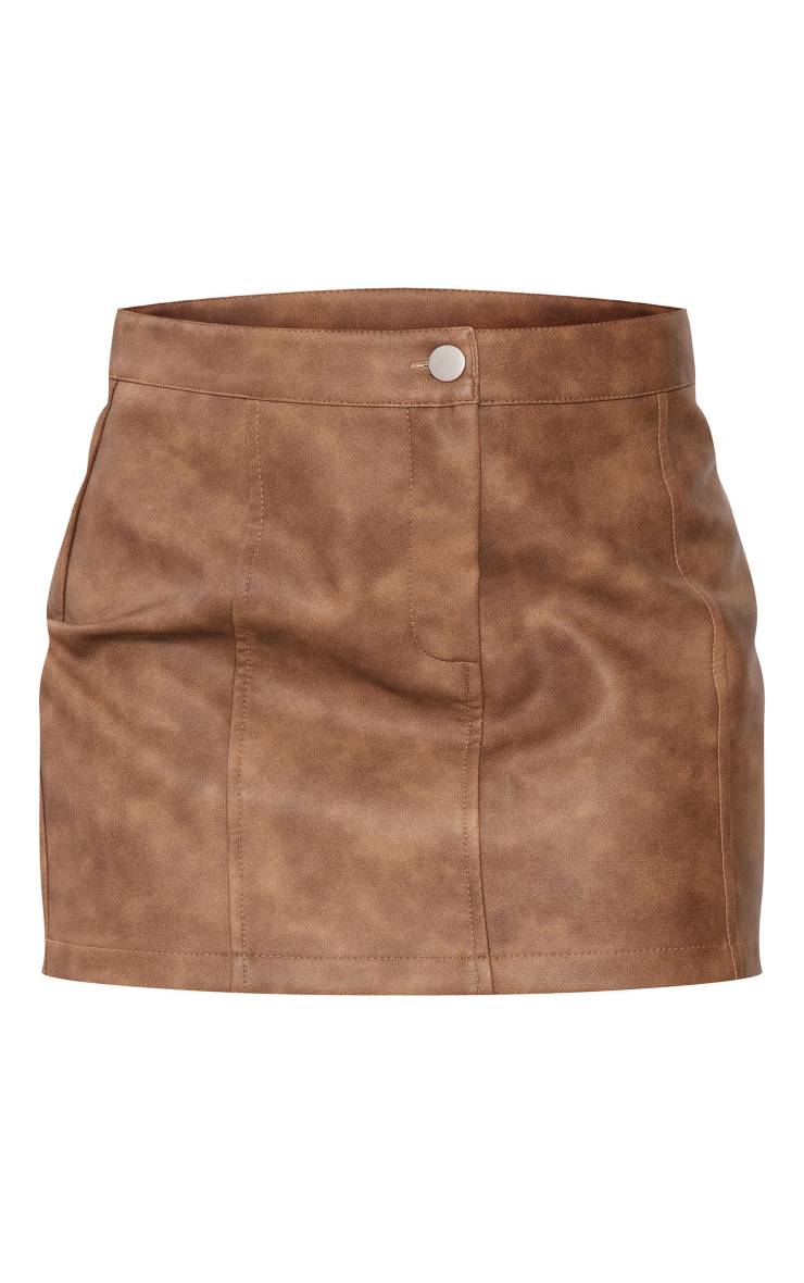 Chocolat Mini-jupe Aspect Cuir Lavé Avec Détails De Coutures Coordonnée