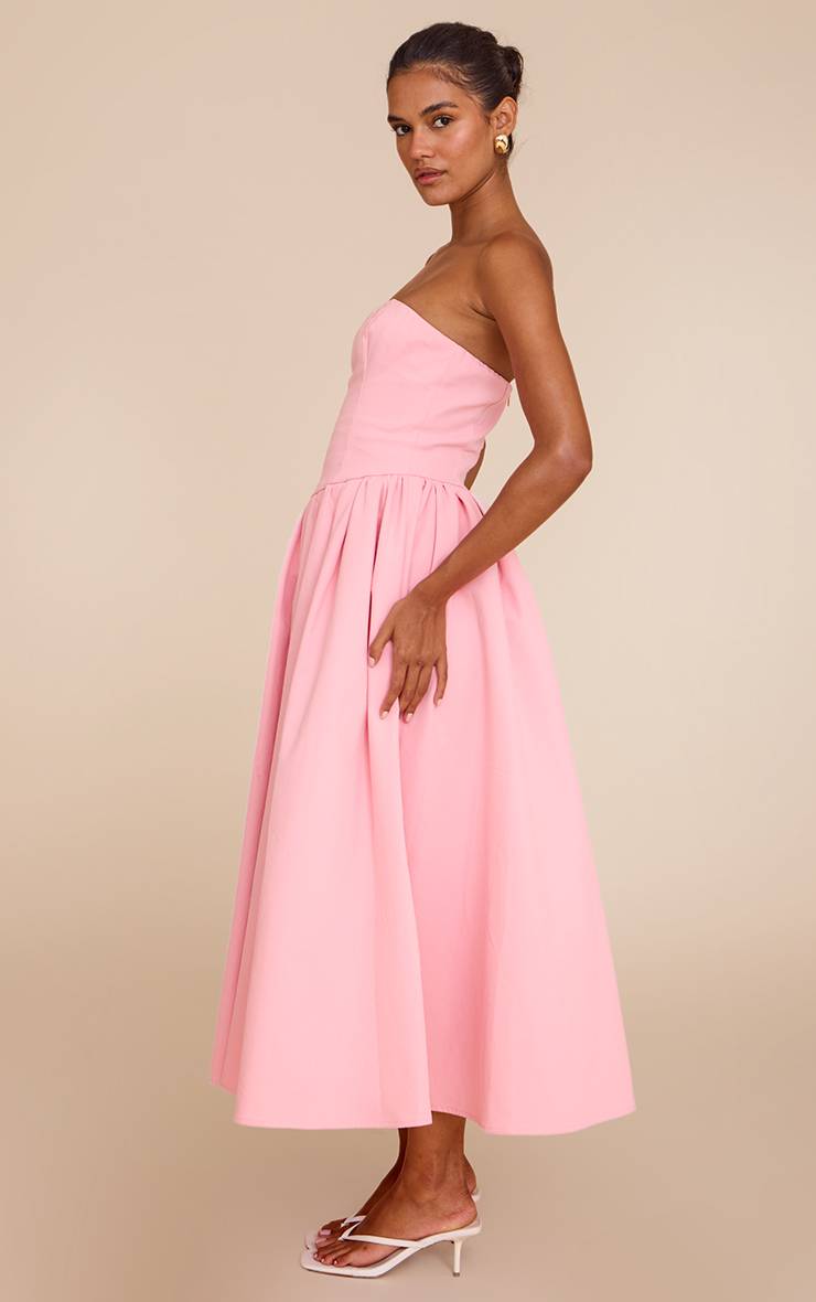 Rose Bonbon Robe Patineuse Mi-longue À Bandeau Froncé En Tissu Tissé