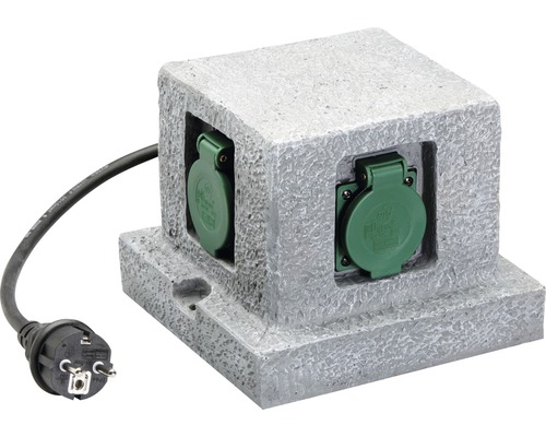 Vierkante tuinstopcontact, steenlook, IP44, 4-voudig, grijs, stopcontact steen met 1,5 m kabel H07RN-F 3G x 1,5mm²
