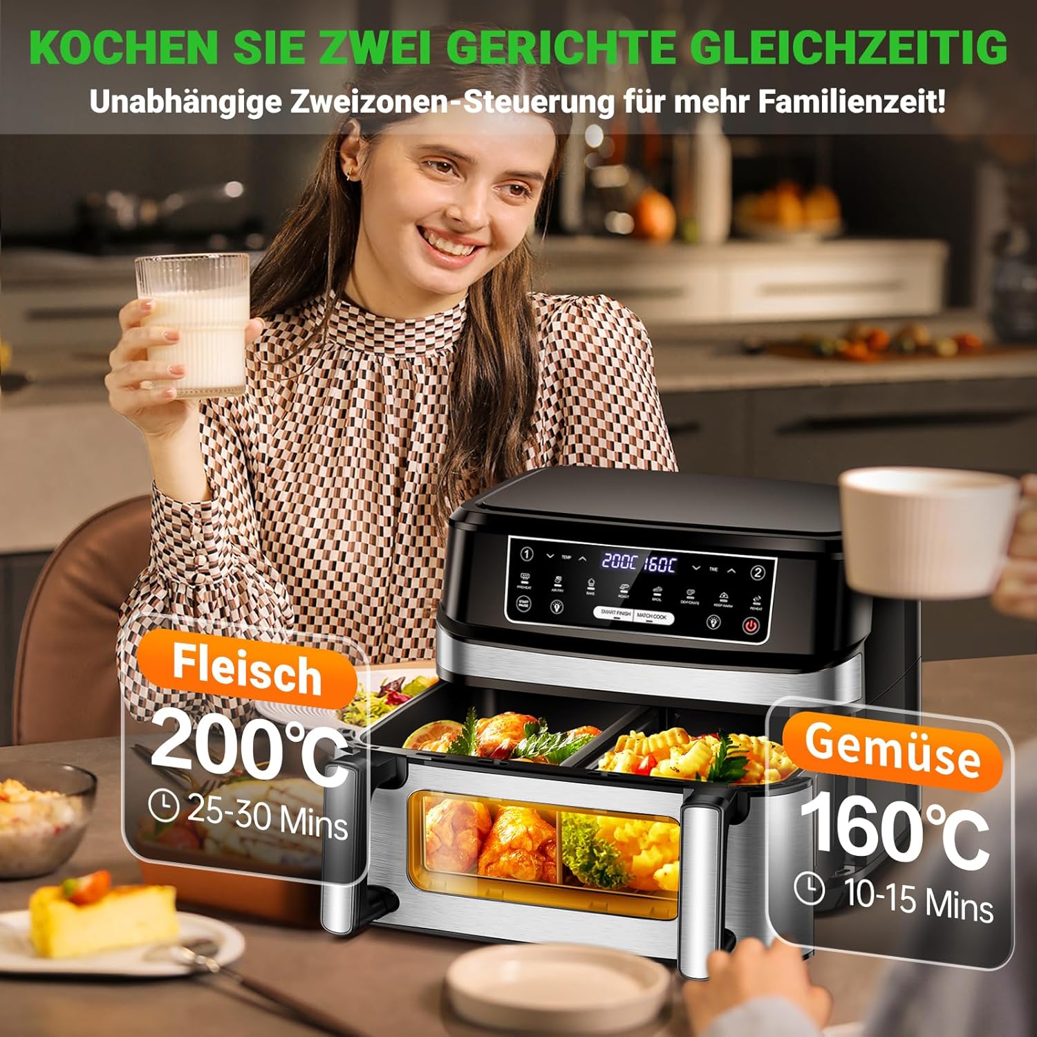 Heißluftfritteuse XXL mit Rezept | 12L Airfryer Variabel Für Einzel-und Zweikammer, 8-in-1 Heissluftfritteuse Doppelkammer Separate Temperaturregelung, Air Fryer 2 kammern mit Touchscreen Max 200℃