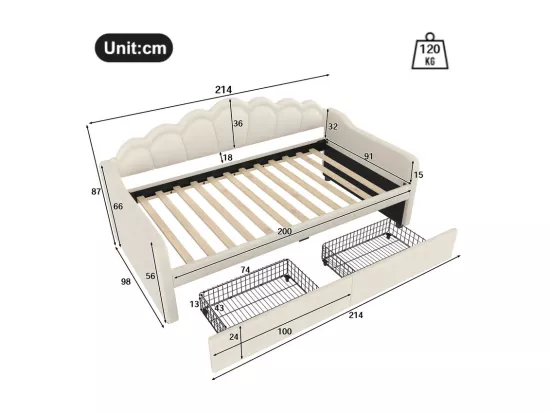 Canapé-lit 90x200 cm - avec éclairage LED - avec 2 tiroirs - velours - beige (sans matelas)