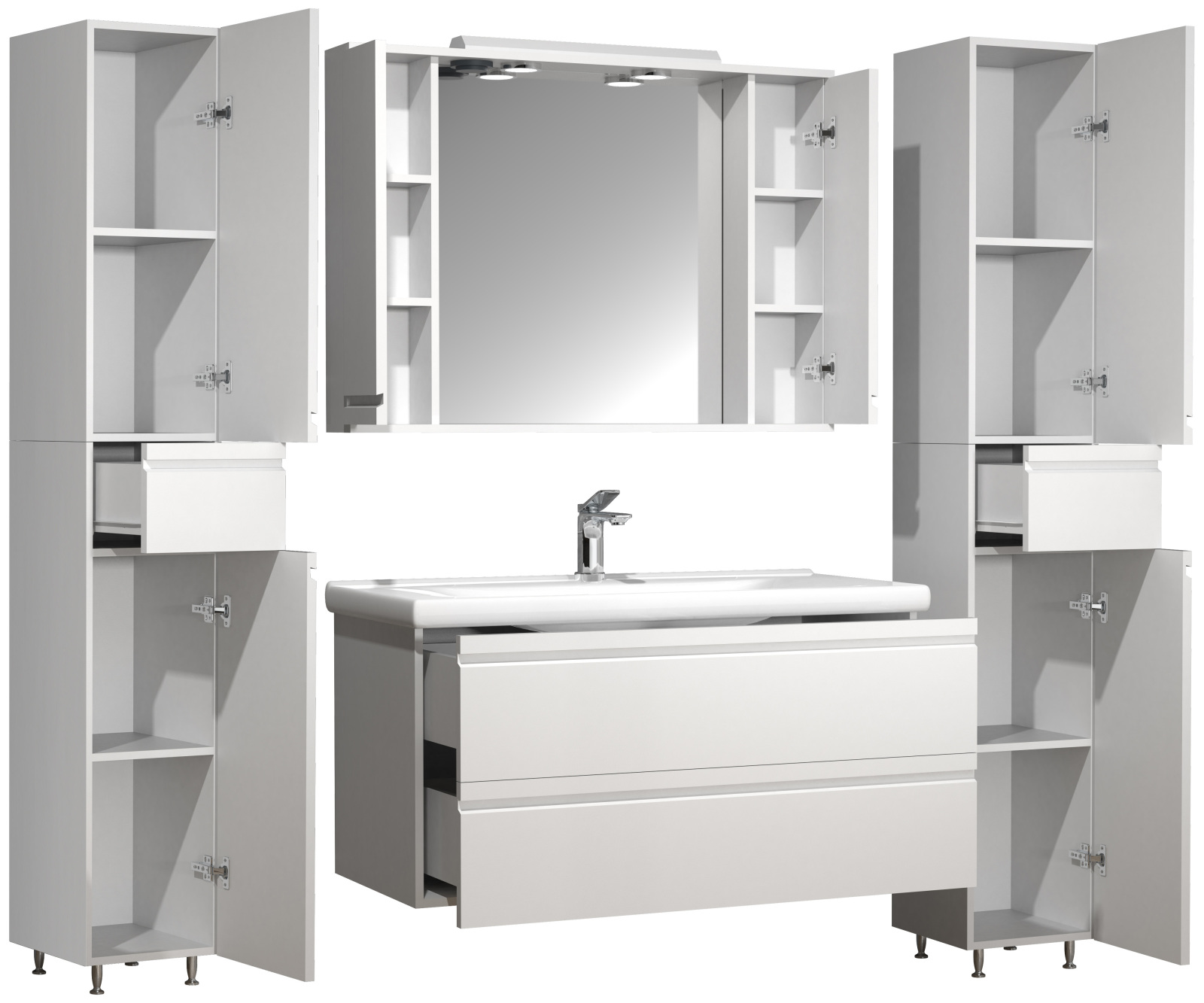 5-teiliges Badmöbel-Set SILORA XL - weiß - 100 cm Waschbecken - mit Spiegelschrank