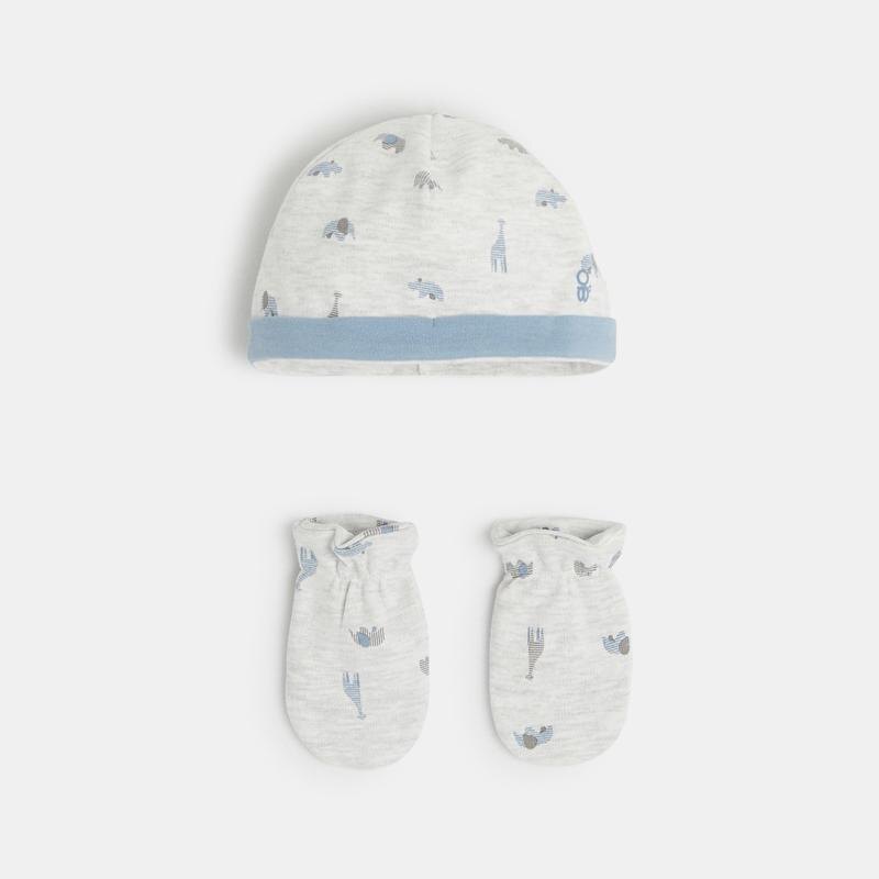 Bonnet et moufles savane grise naissance Gris ou noir