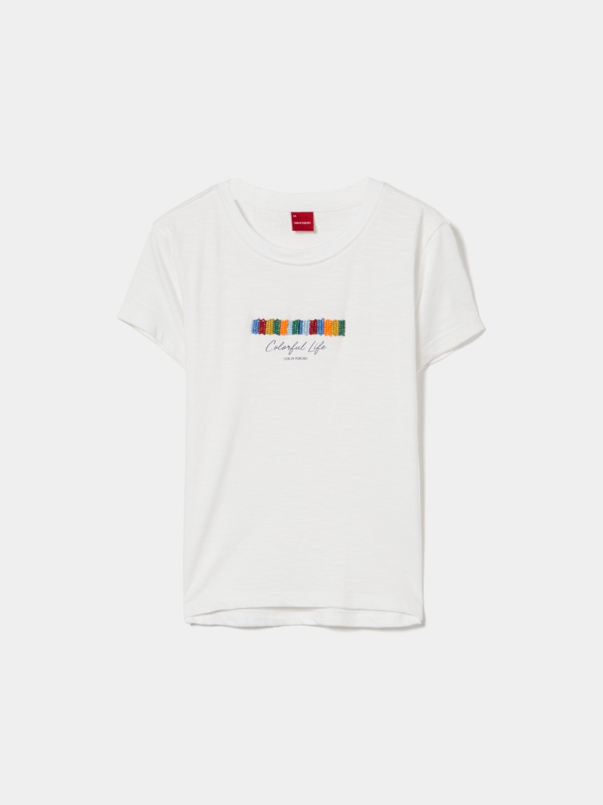 T-shirt de algodão com missangas