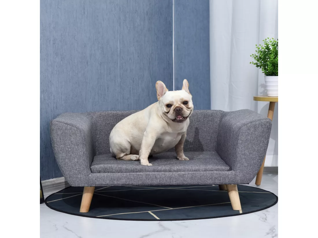 Canapé chien lit pour chien design scandinave coussin moelleux pieds bois massif dim. 87 x 61 x 36 cm polyester gris
