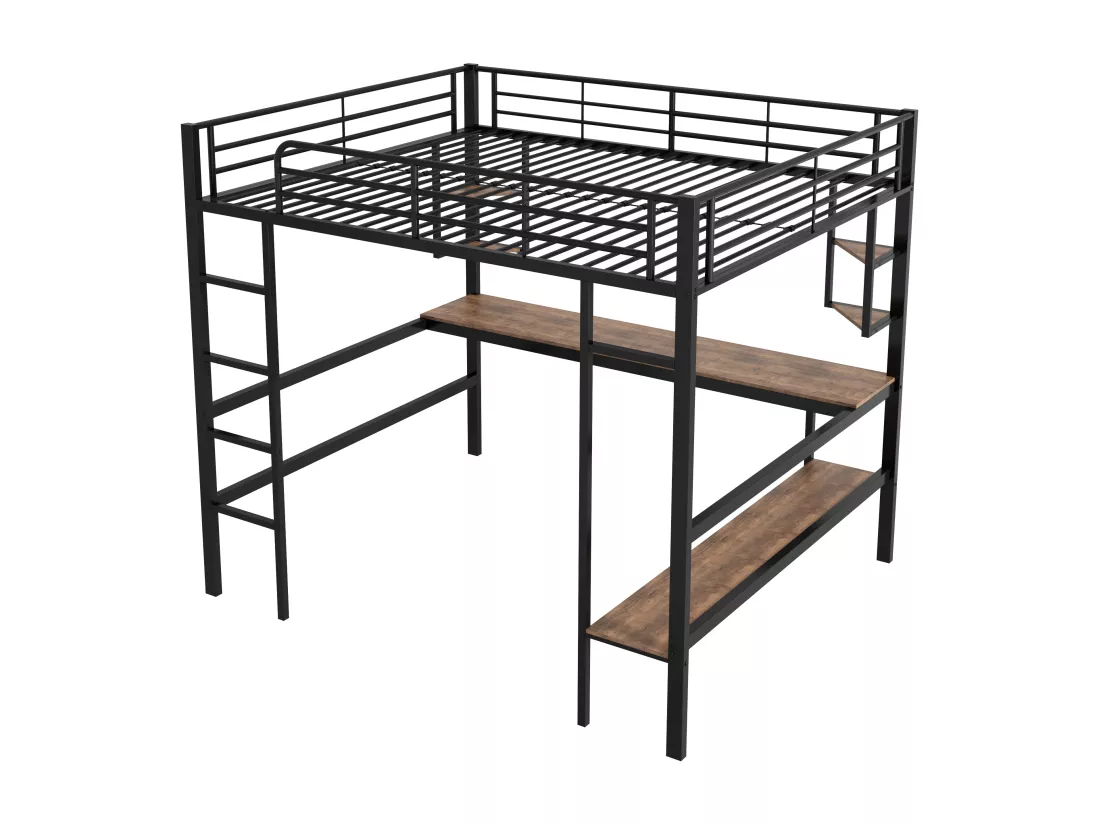 Lit mezzanine 140 x 200 cm avec bureau et étagère de rangement - métal et bois MDF - noir
