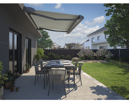 Cassettescherm Positano 3,6x2,5 stof wit (REC-122) frame RAL 7016 antracietgrijs incl. motor met noodhandzwengel en afstandsbediening