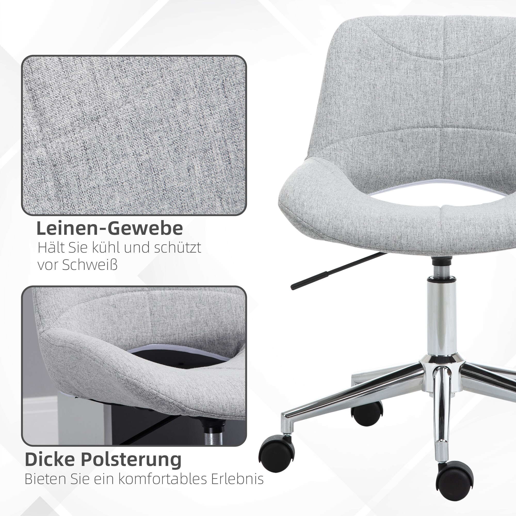HOMCOM Höhenverstellbarer Bürostuhl mit Metallfuß und Rollen grau 49L x 56,5B x 73-82,5Hcm