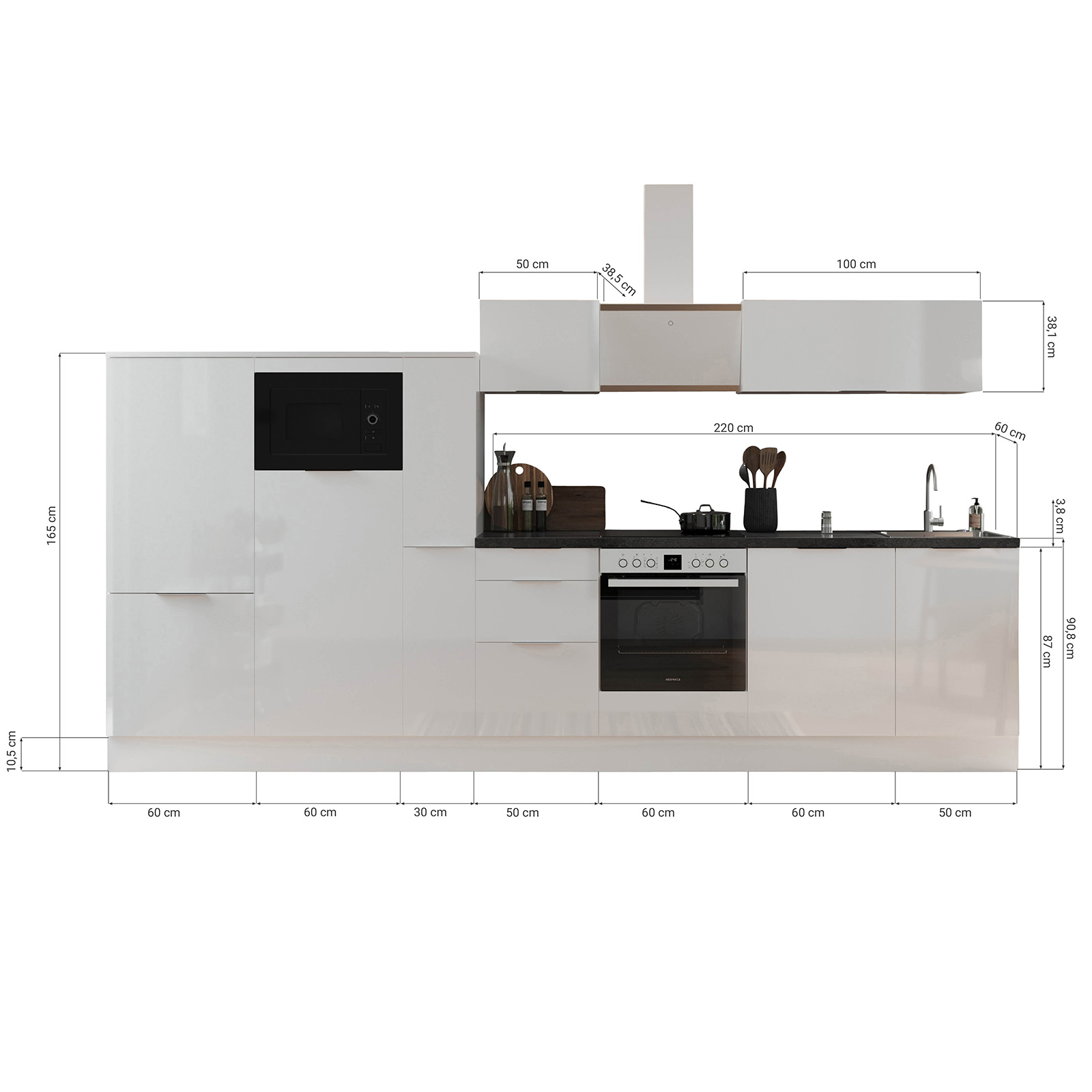 RESPEKTA Küchenblock - weiß Hochglanz - Artisan Eiche - mit E-Geräten - 370 cm