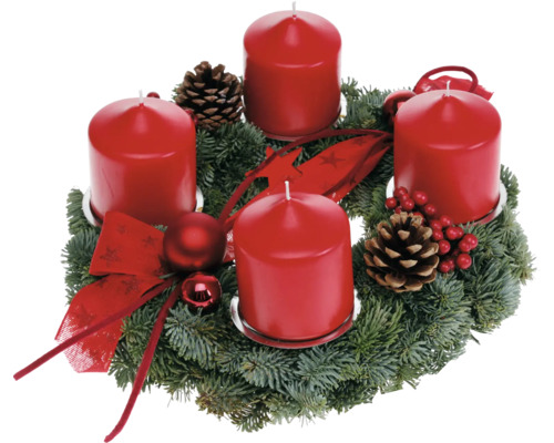 Adventskrans Nobilistanne Ø 30 cm incl. stompkaarsen Ø 7 cm H 8 cm rood