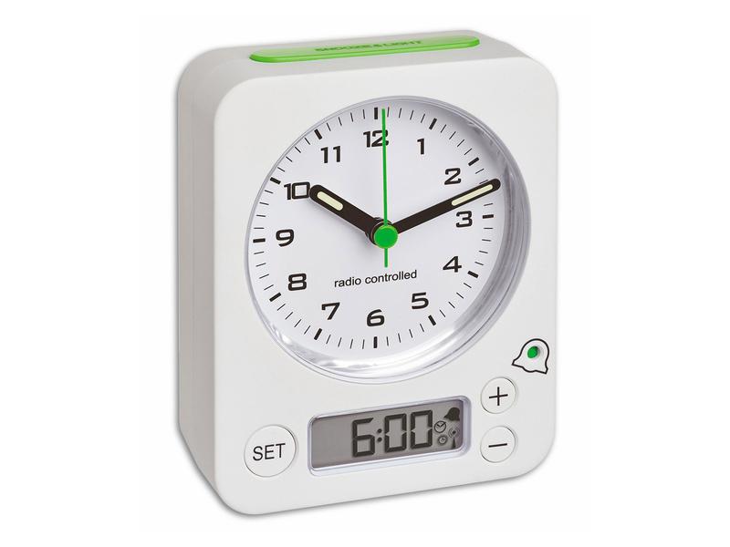 TFA Dostmann Funkwecker Combo Grün/Weiss Analoger Funk-Wecker mit digitaler Alarmeinstellung