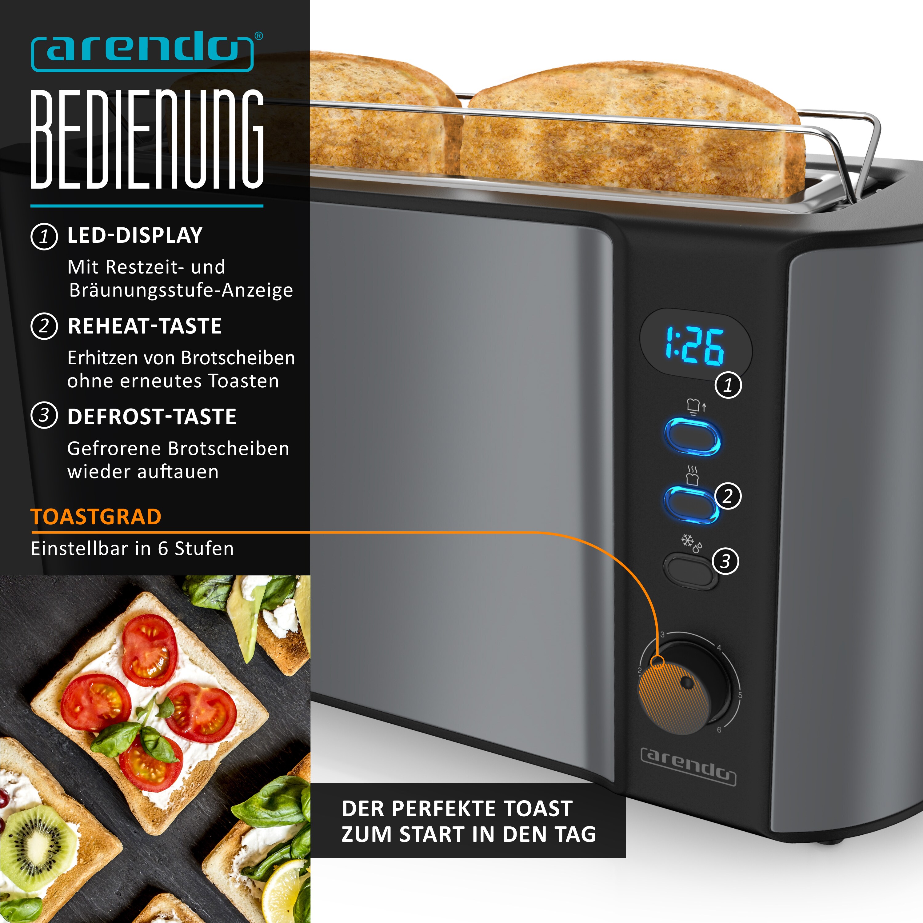 Arendo - SET Toaster FRUKOST mit Eierkocher SEVENCOOK Edelstahl Grau, Toaster 2 Scheiben, LED-Display, 6 Bräunungsgrade, Brötchenhalter - Eierkocher