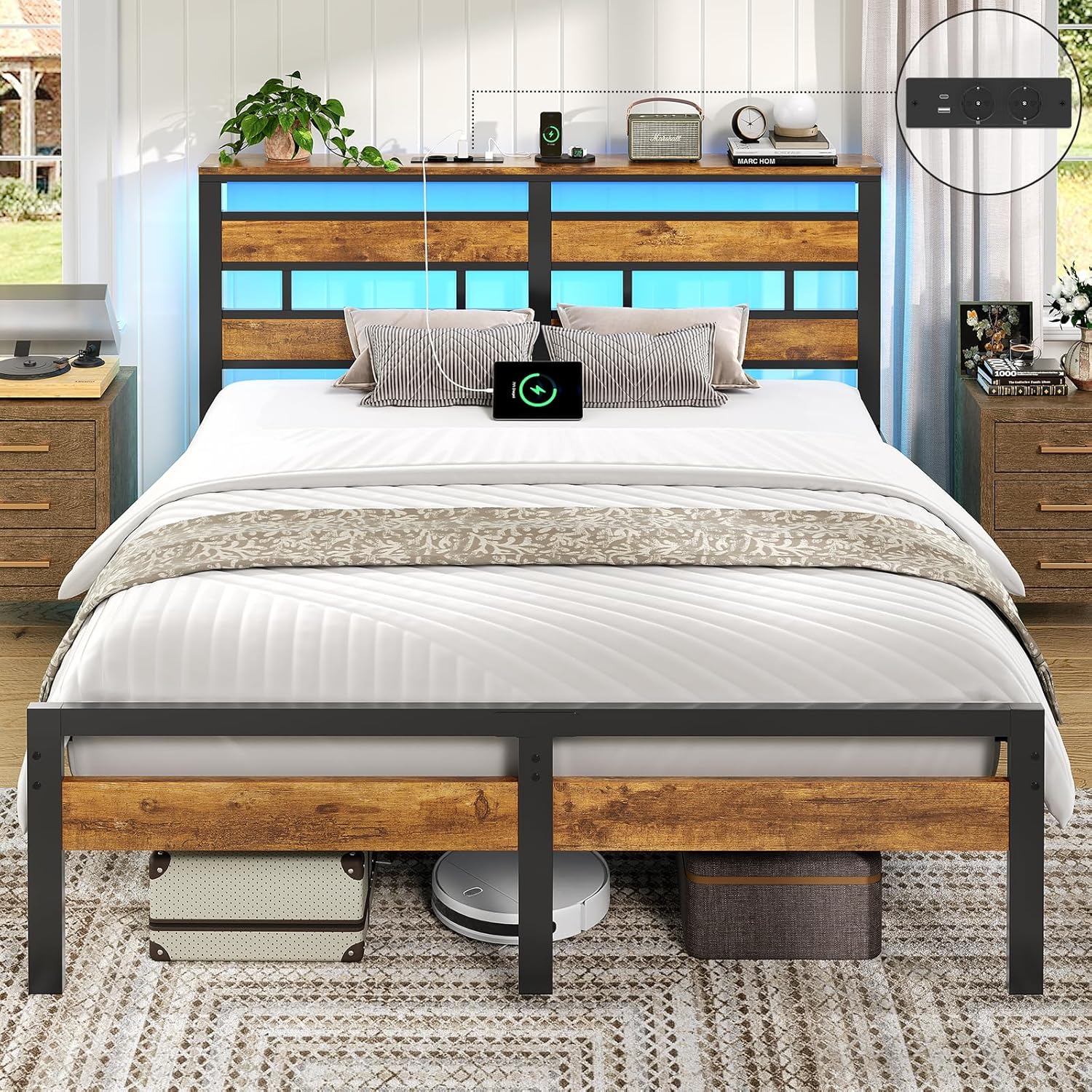 Bett 140x200 mit Lattenrost aus Metall, Doppelbett Bettgestell 140x200cm mit LED Beleuchtung und Ladestation (2 AC-Steckdosen, 1 USB-Anschluss und 1 Type-C-Anschluss) Metallbett mit Kopfteil