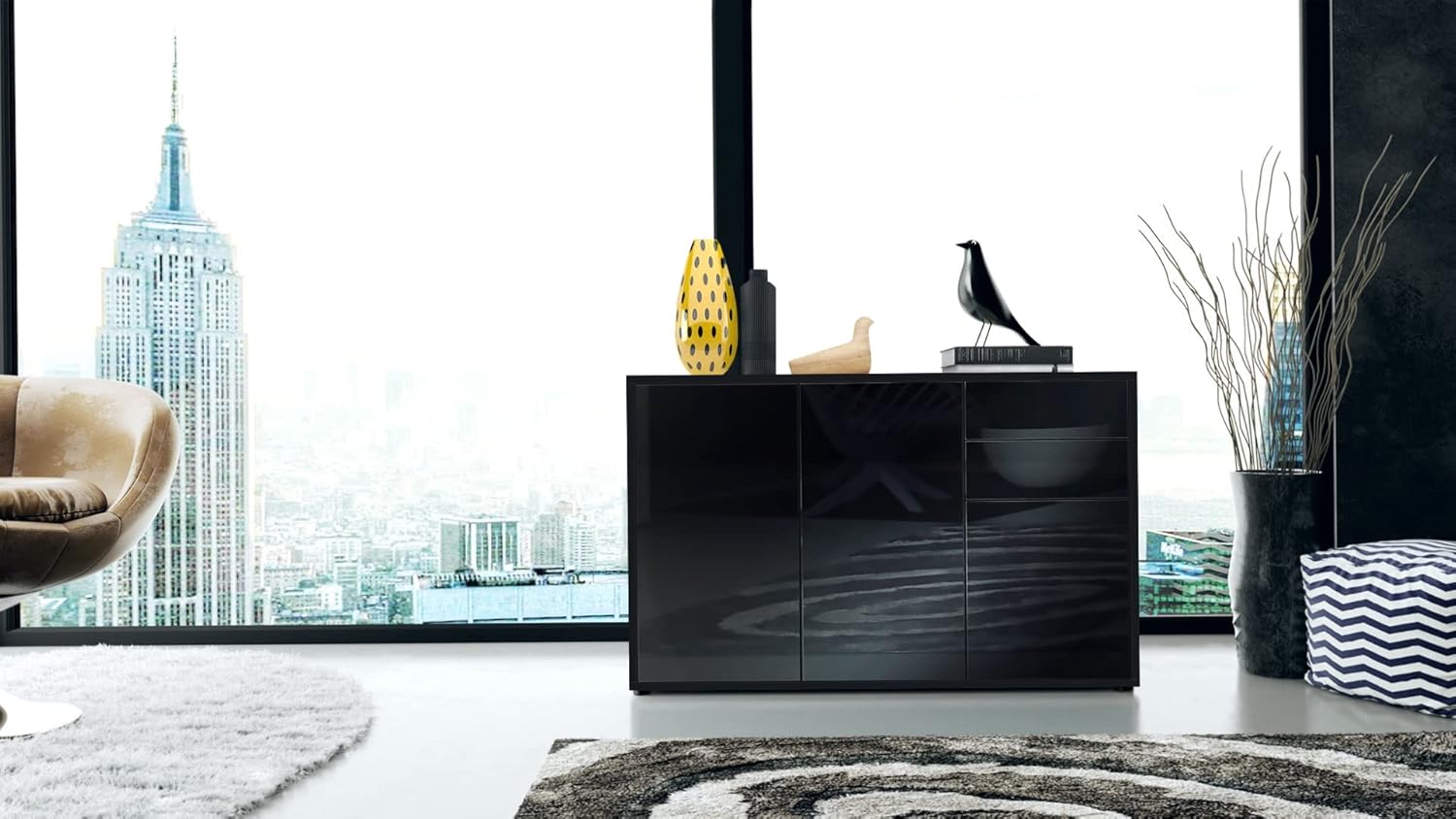 Vladon Sideboard Ben V3, Kommode mit 3 Türen und 2 Schubladen, Schwarz matt/Schwarz matt (117 x 74 x 36 cm)