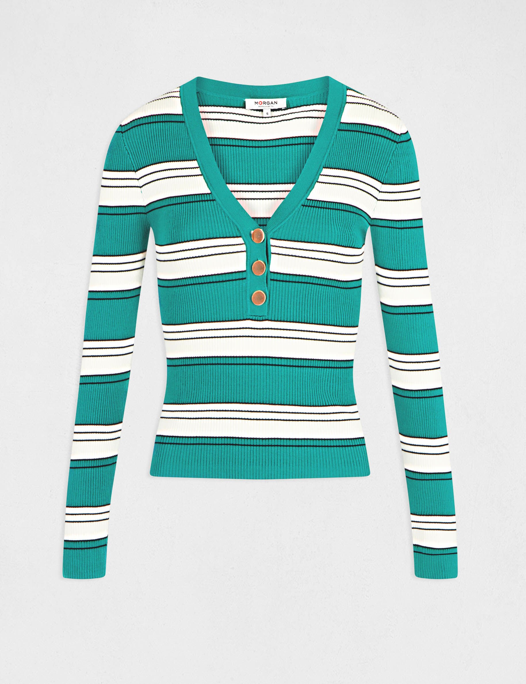 Pull manches longues à rayures vert moyen femme - vert_moyen