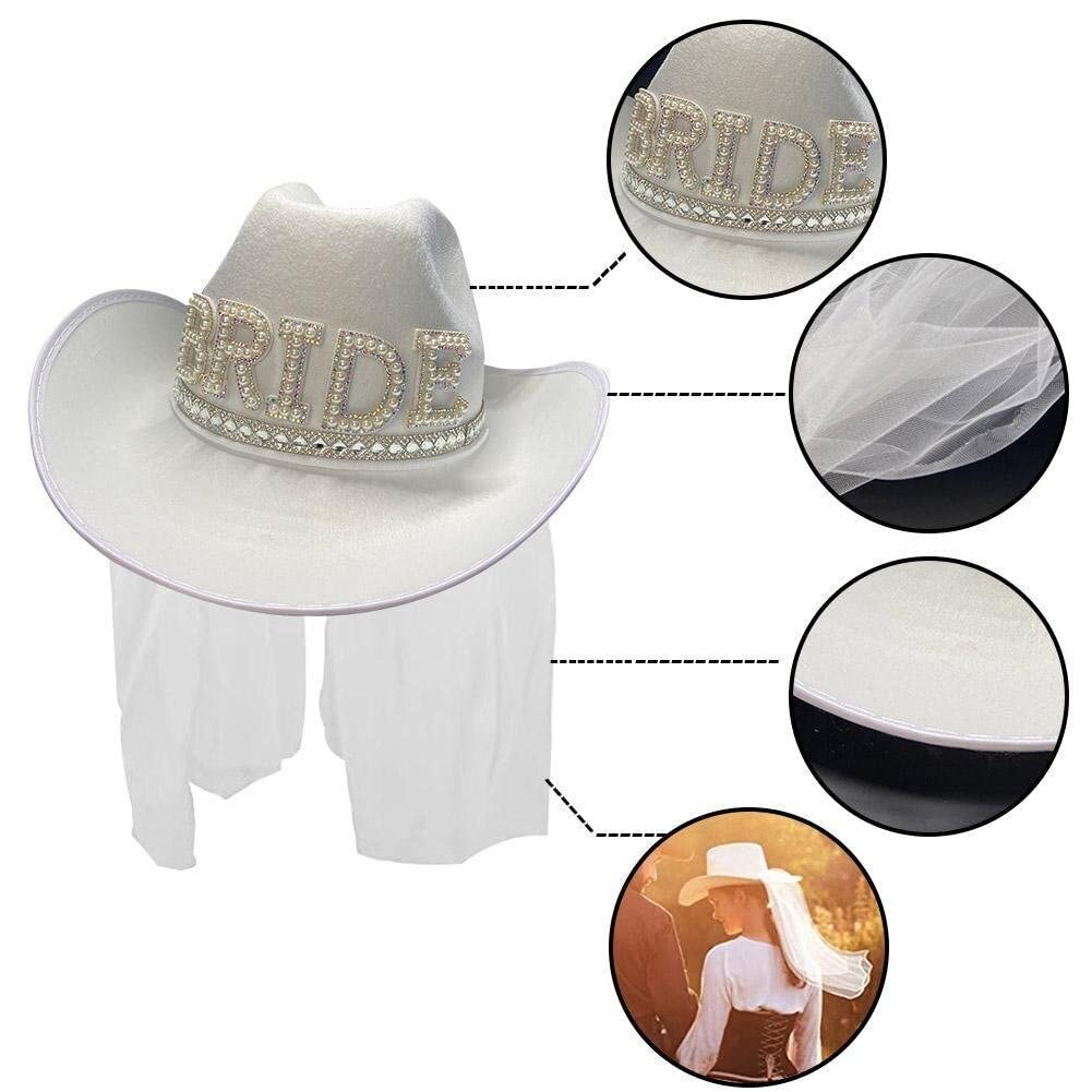 (39.5x30x15cm) Bride Cowgirl Hut Junggesellinnenabschied Party Accessoire mit Schleier - Weiss
