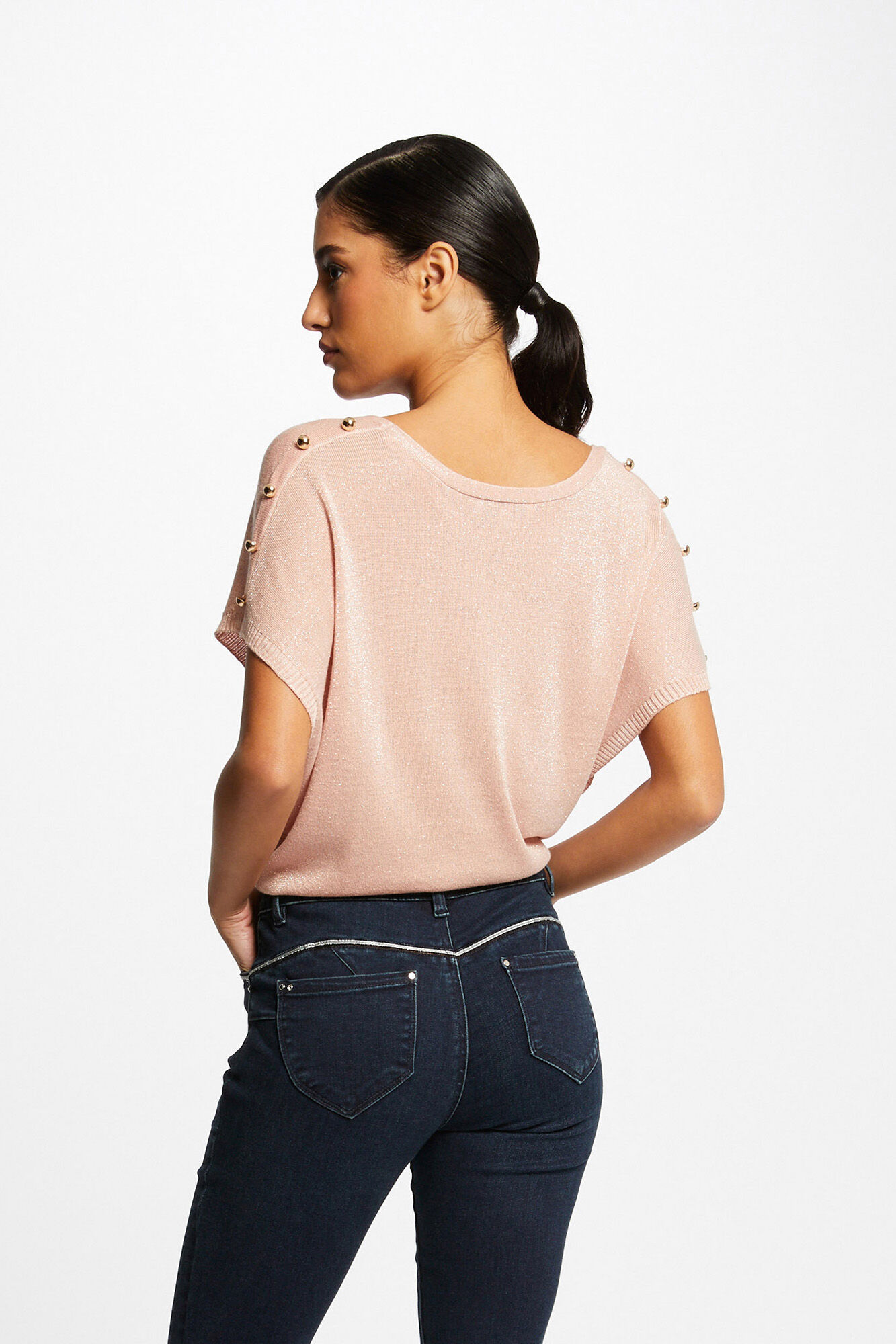 Camisa de manga curta com decote em V - Marfim