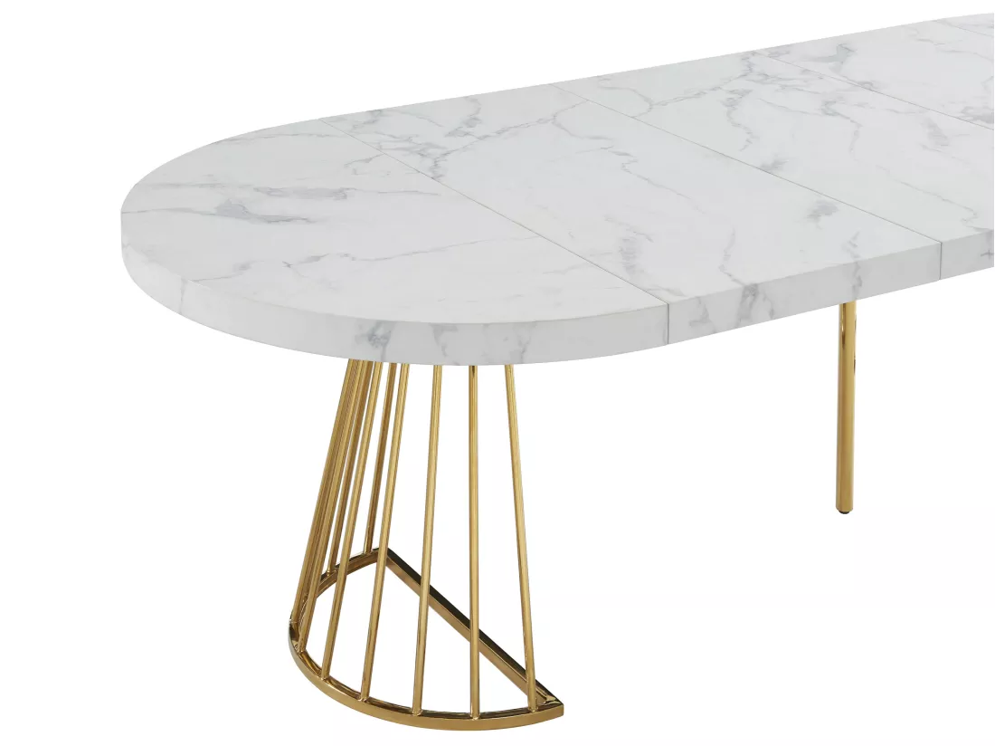 Table à manger extensible 2 à 12 personnes en MDF et acier - Effet marbre blanc et doré - FIRELA
