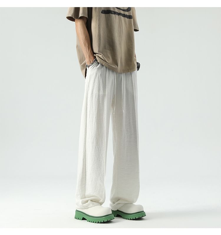 POSI - Effen broek met wijde pijpen en trekkoord in de taille