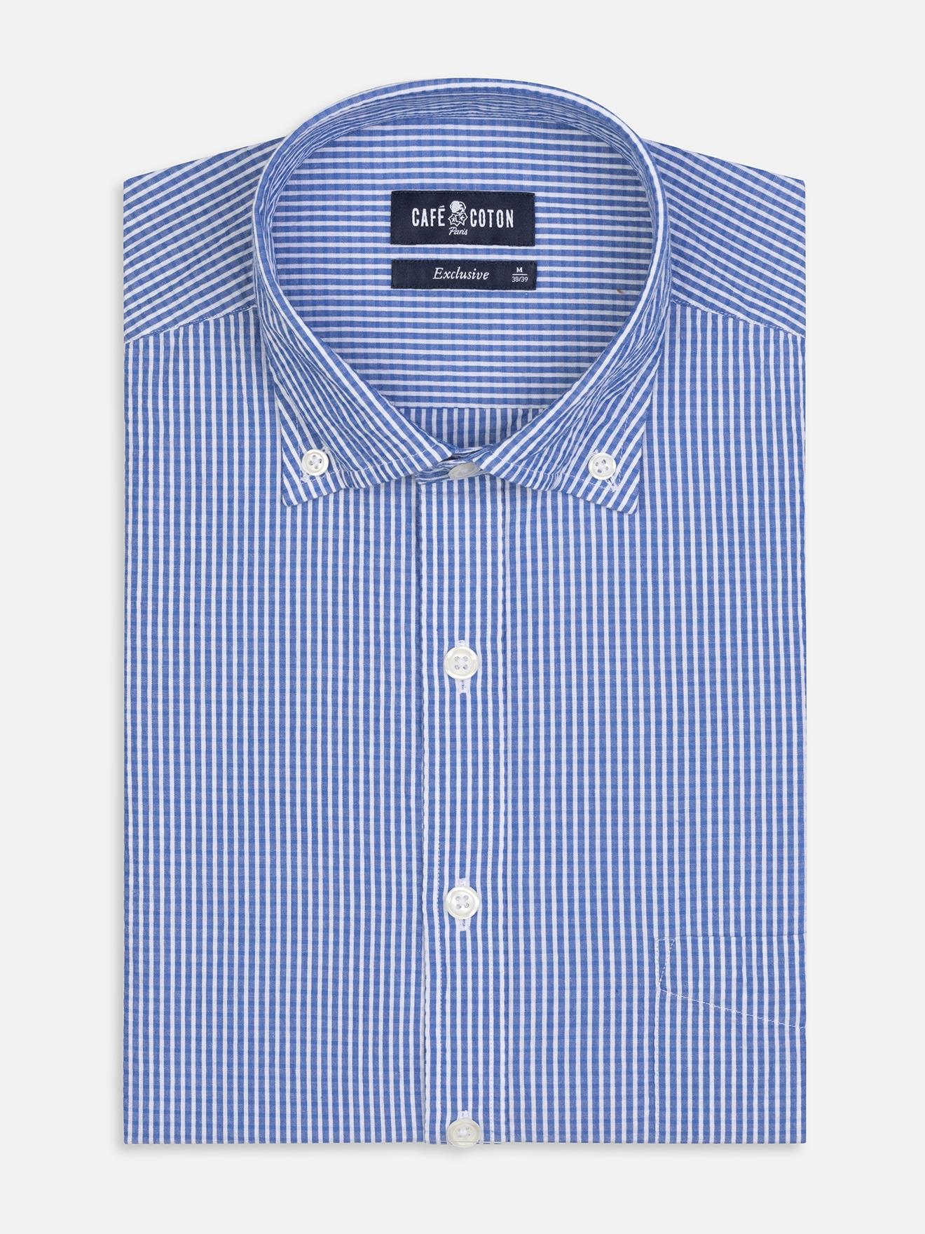 Chemise Hugh en seersucker bleu - Col Boutonné