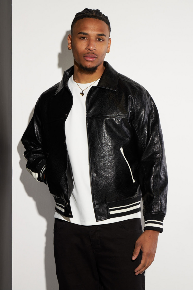 Bomber noir et écru en simili cuir