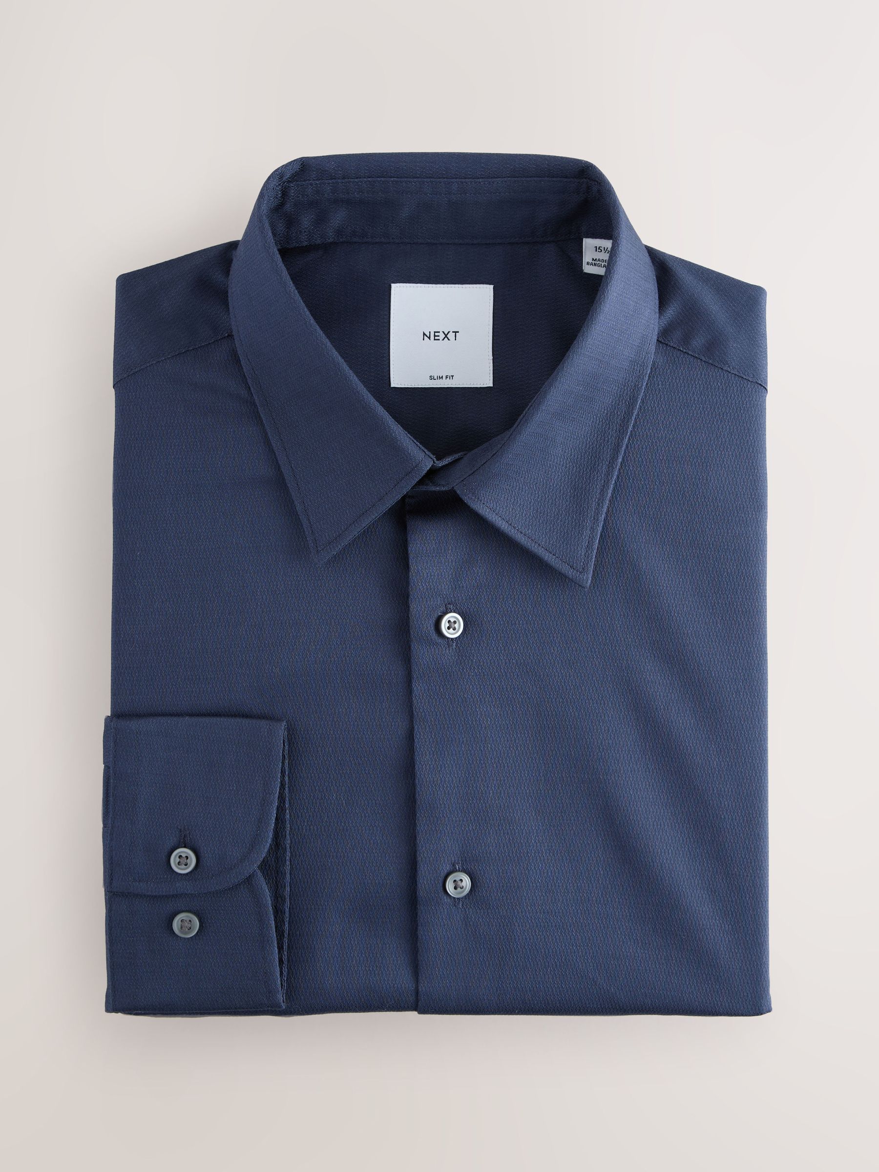 Marineblauw - Slim Fit - Onderhoudsvriendelijk, getextureerd, slim fit overhemd met enkele manchet