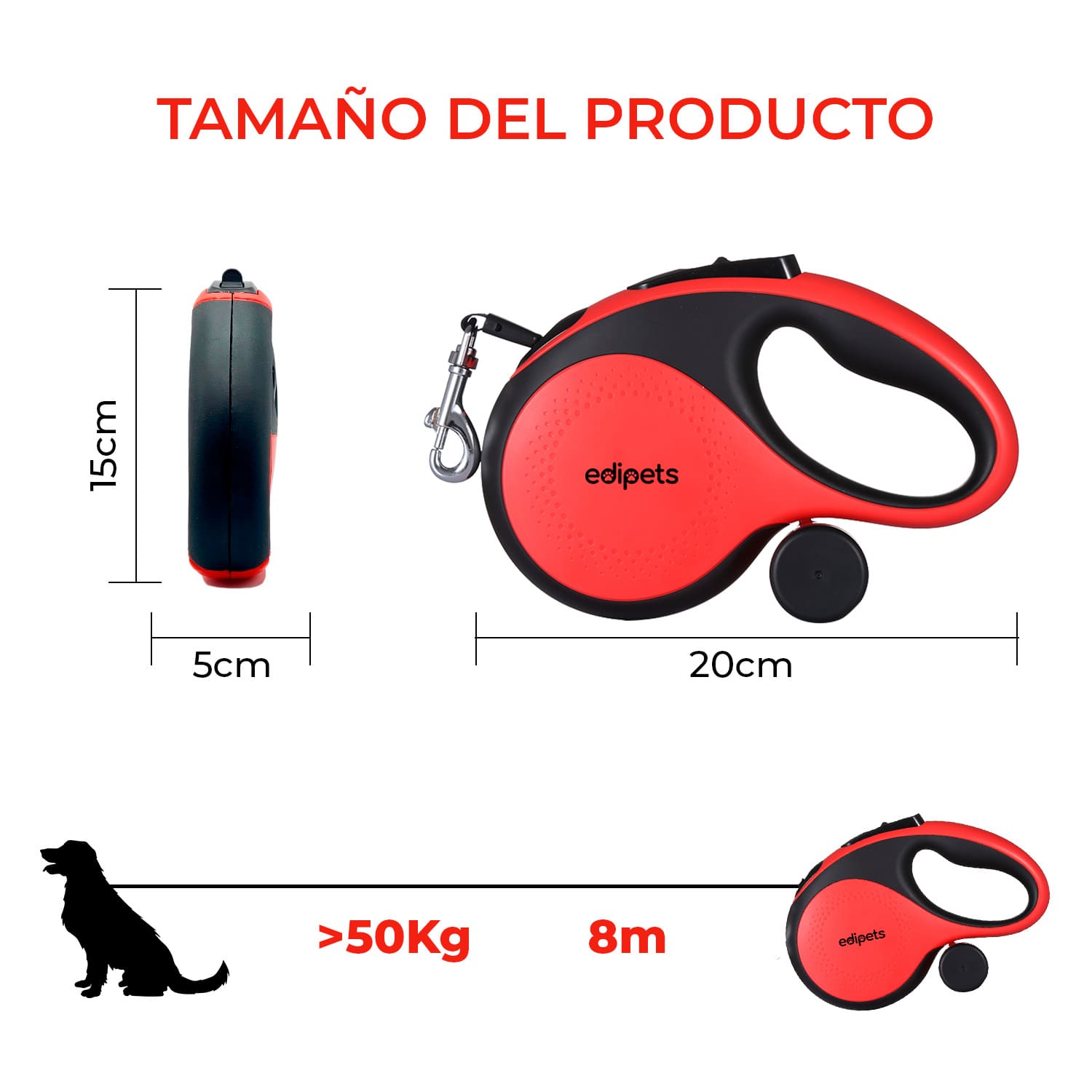Guia extensível Edipets com sistema de travagem vermelho para cães