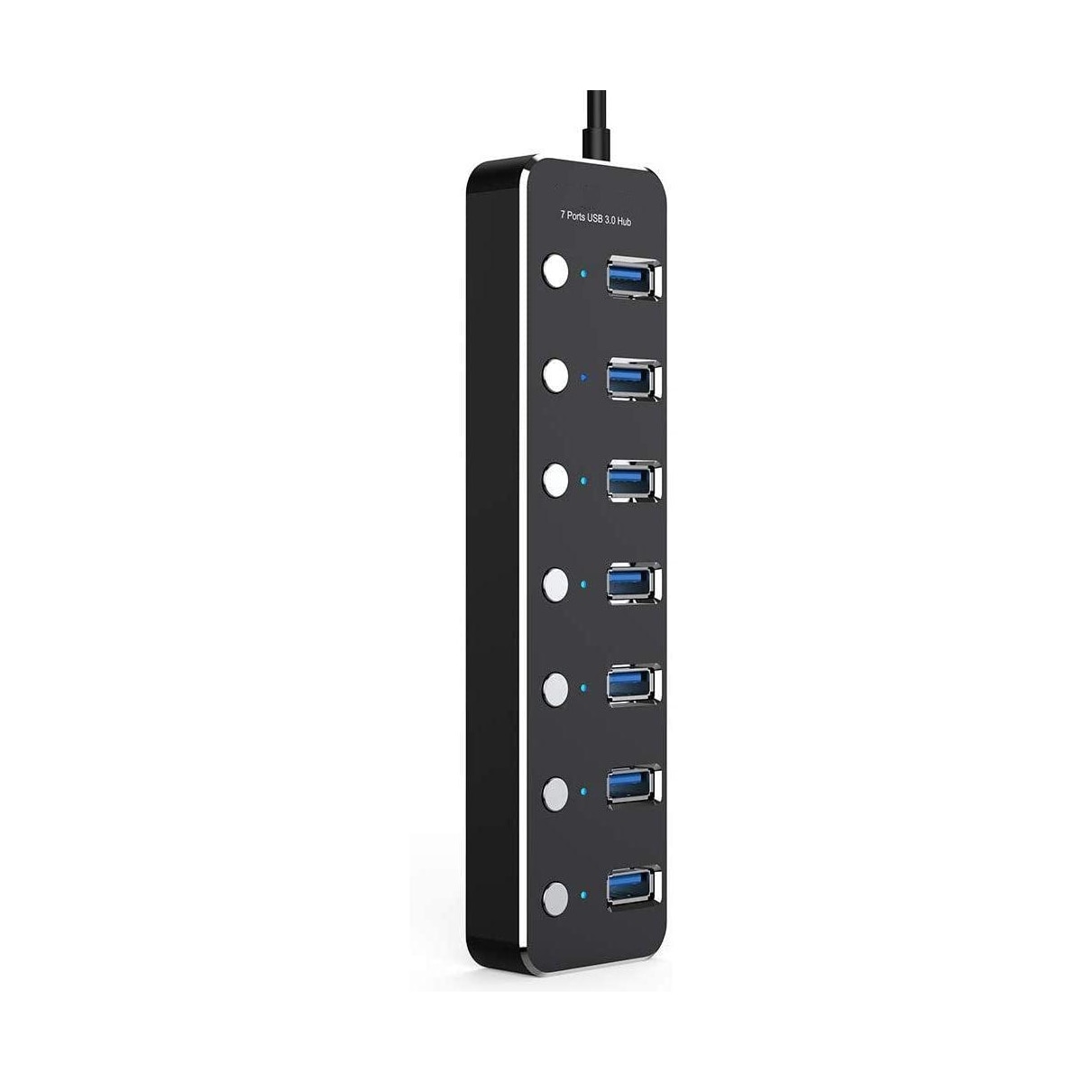 NÖRDIC 7-ports hub USB-C 3.0 5Gbps med individuell bryter 25 cm kabel svart aluminium