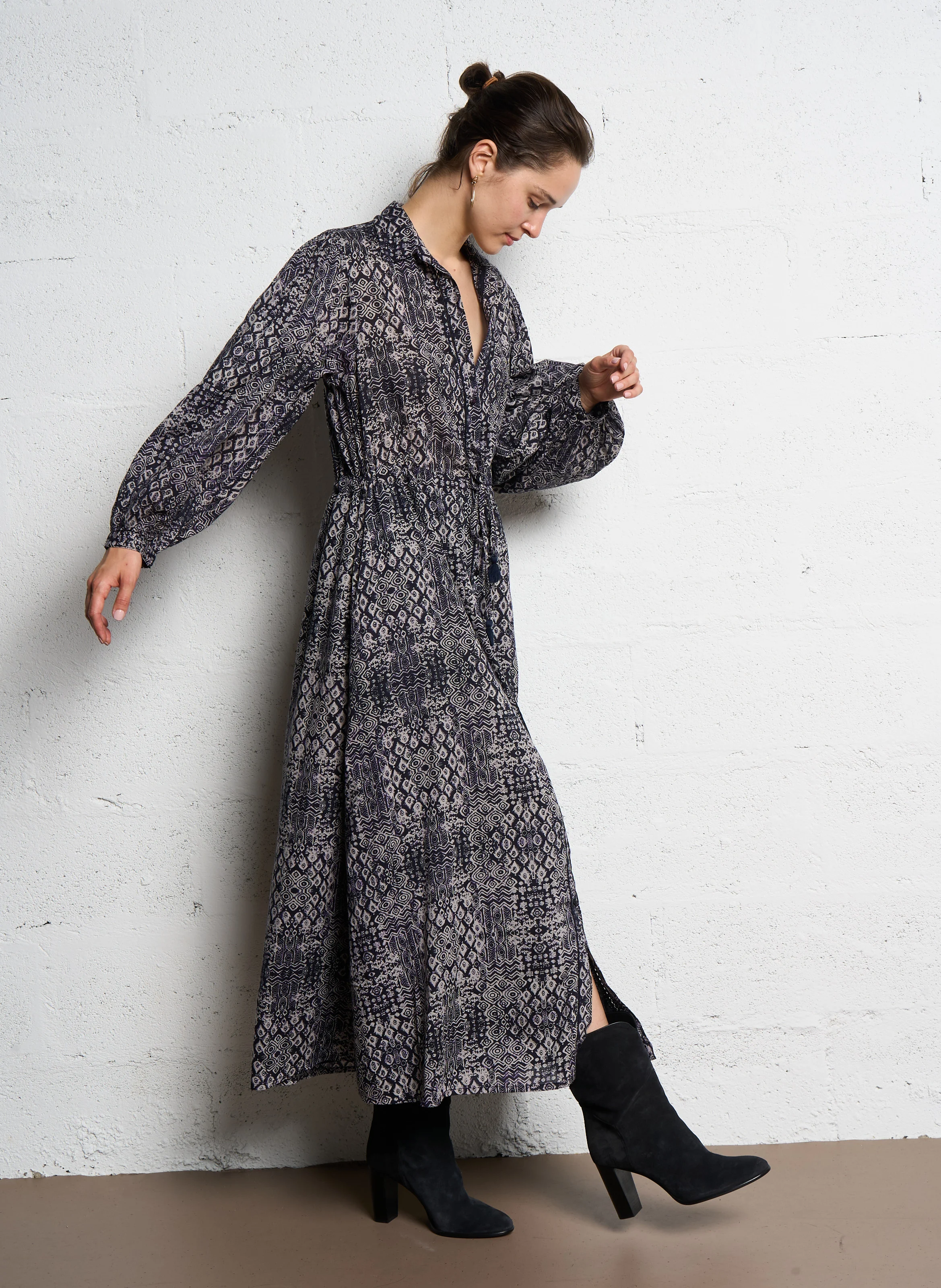 ANA - Robe chemise ample imprimée en coton | Noir