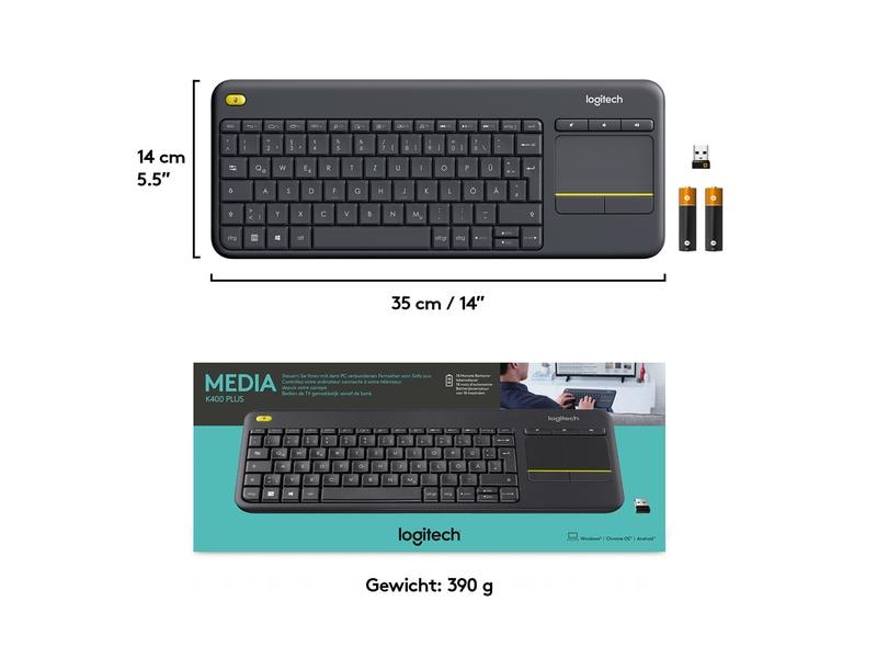 Logitech Tastatur K400 Plus CH-Layout Kabellose Tastatur mit Touchpad, CH-Layout, dunkelgrau
