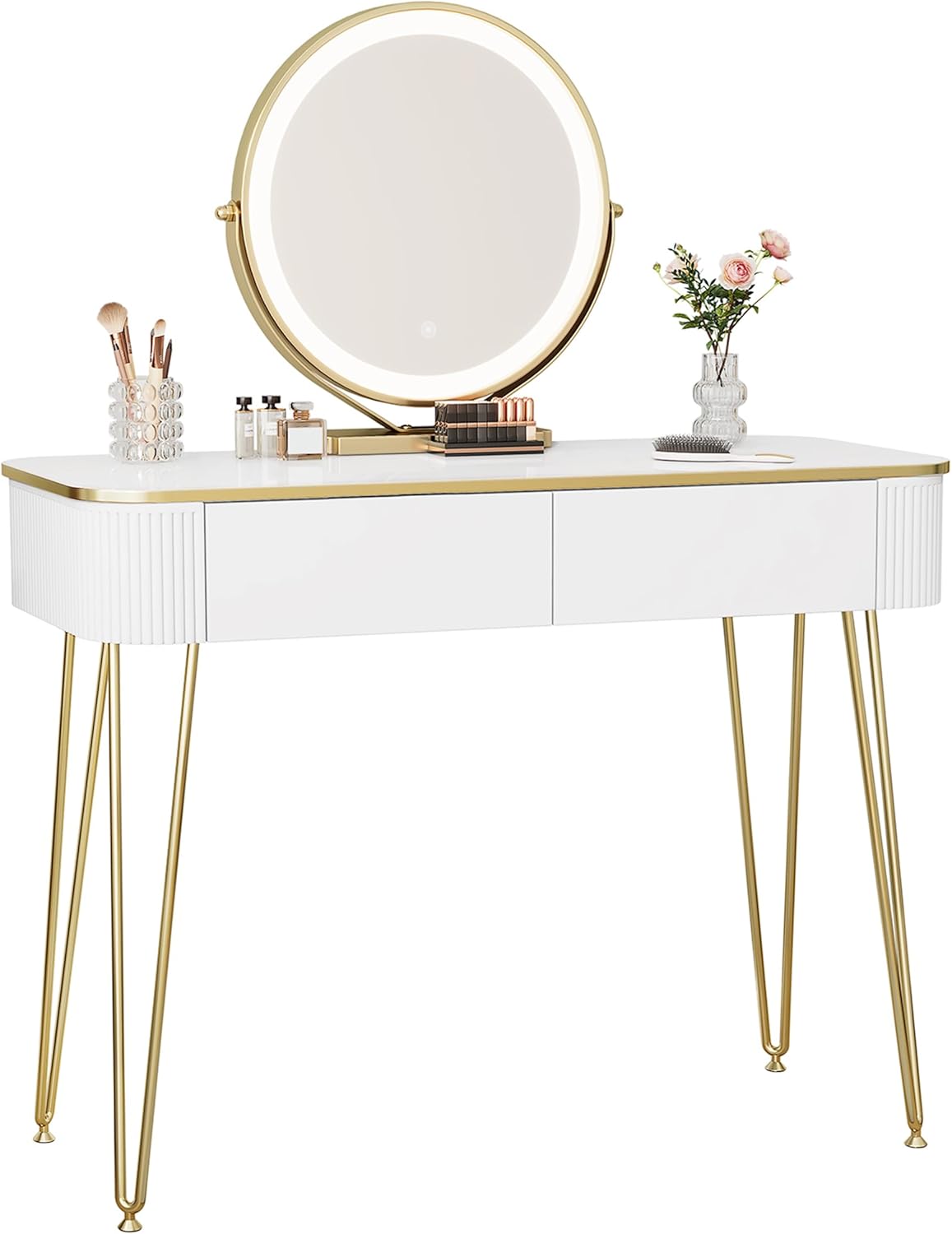 EUGAD Schminktisch mit LED-Beleuchtung, einstellbare Helligkeit, Frisiertisch mit Spiegel, 3 Farben, Kosmetiktisch mit 2 Holzschubladen, mit Metallbeinen, 100x40cm, Modern, Weiß Gold, 0057SZT
