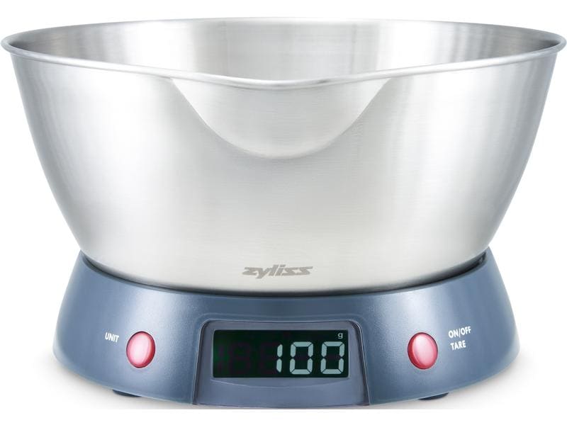Zyliss Küchenwaage Blau/Silber Elektronische Küchenwaage mit 2 Liter Edelstahlschüssel