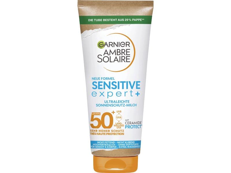 Garnier Ambre Solaire Sonnenmilch Sensitive expert SPF 50 Sonnenpflege beugt sonnenbedingter, vorzeitiger Hautalterung vor