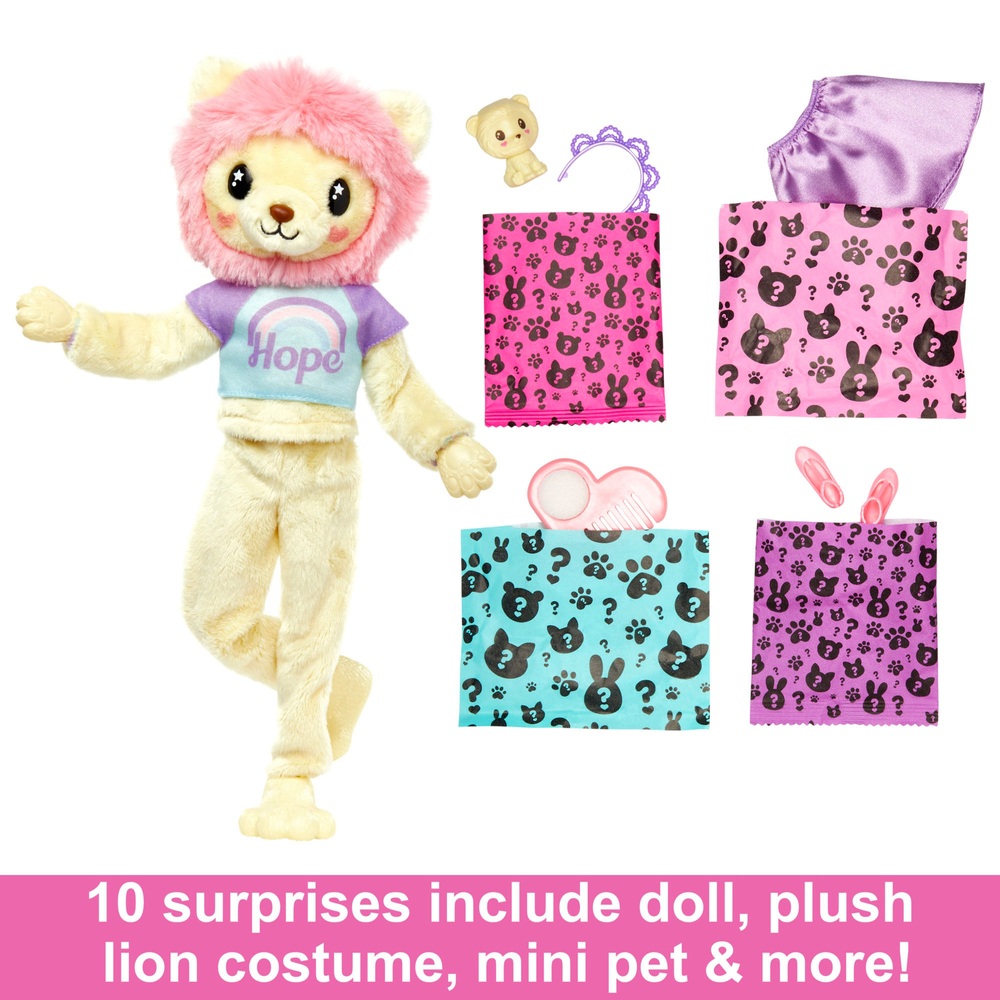 Barbie Cutie Reveal Cozy Cute Tees Puppe mit Löwen-Plüschkostüm und 10 Überraschungen