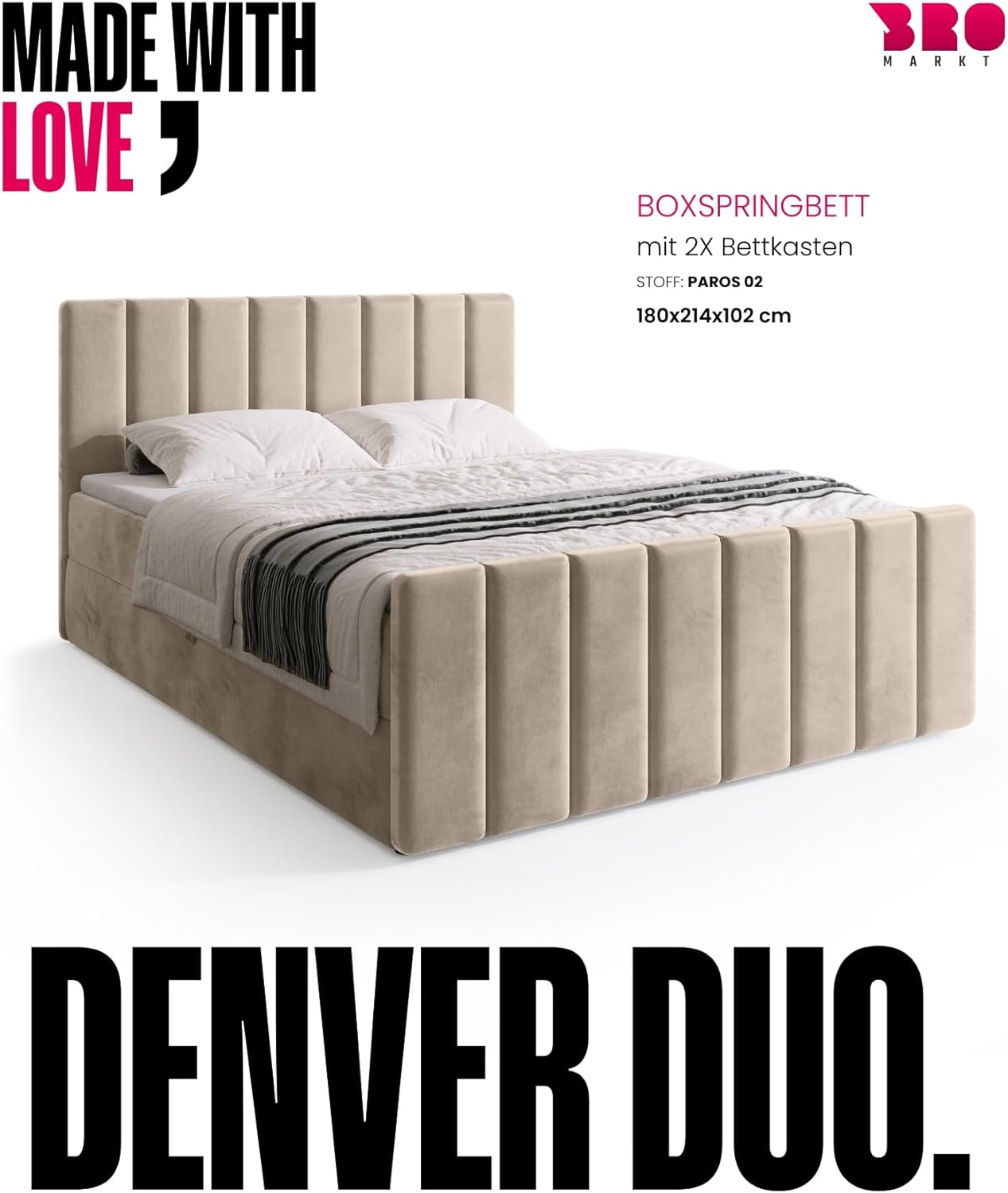 BROMARKT Boxspringbett mit Matratze Bett 180x200 Beige Doppelbett mit Topper Boxbett mit Stauraum Polsterbett mit Bettkasten Kopfteil Denver Duo Härtegrad H3