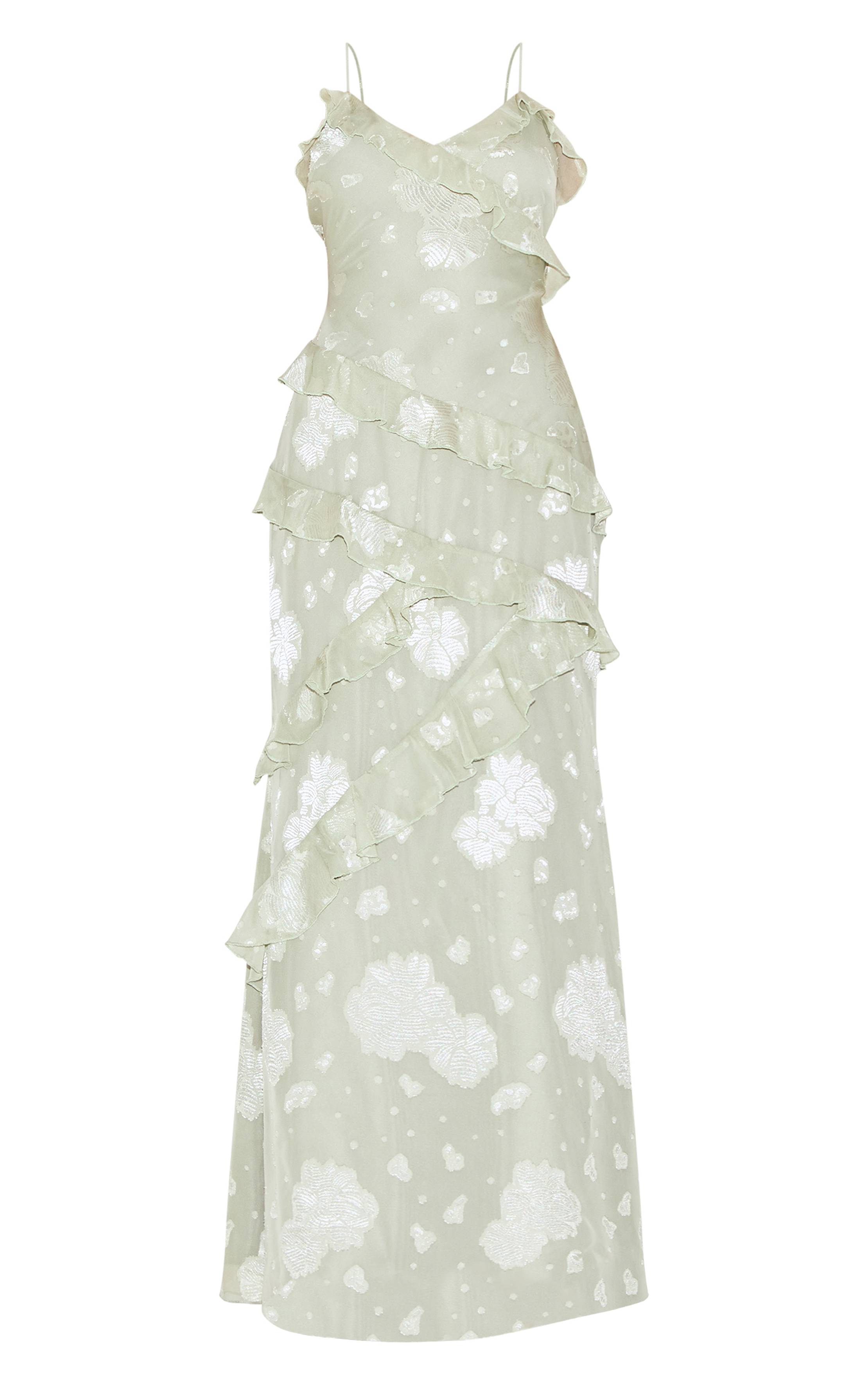 Vert Sauge Robe Longue À Volants Brodés De Fleurs