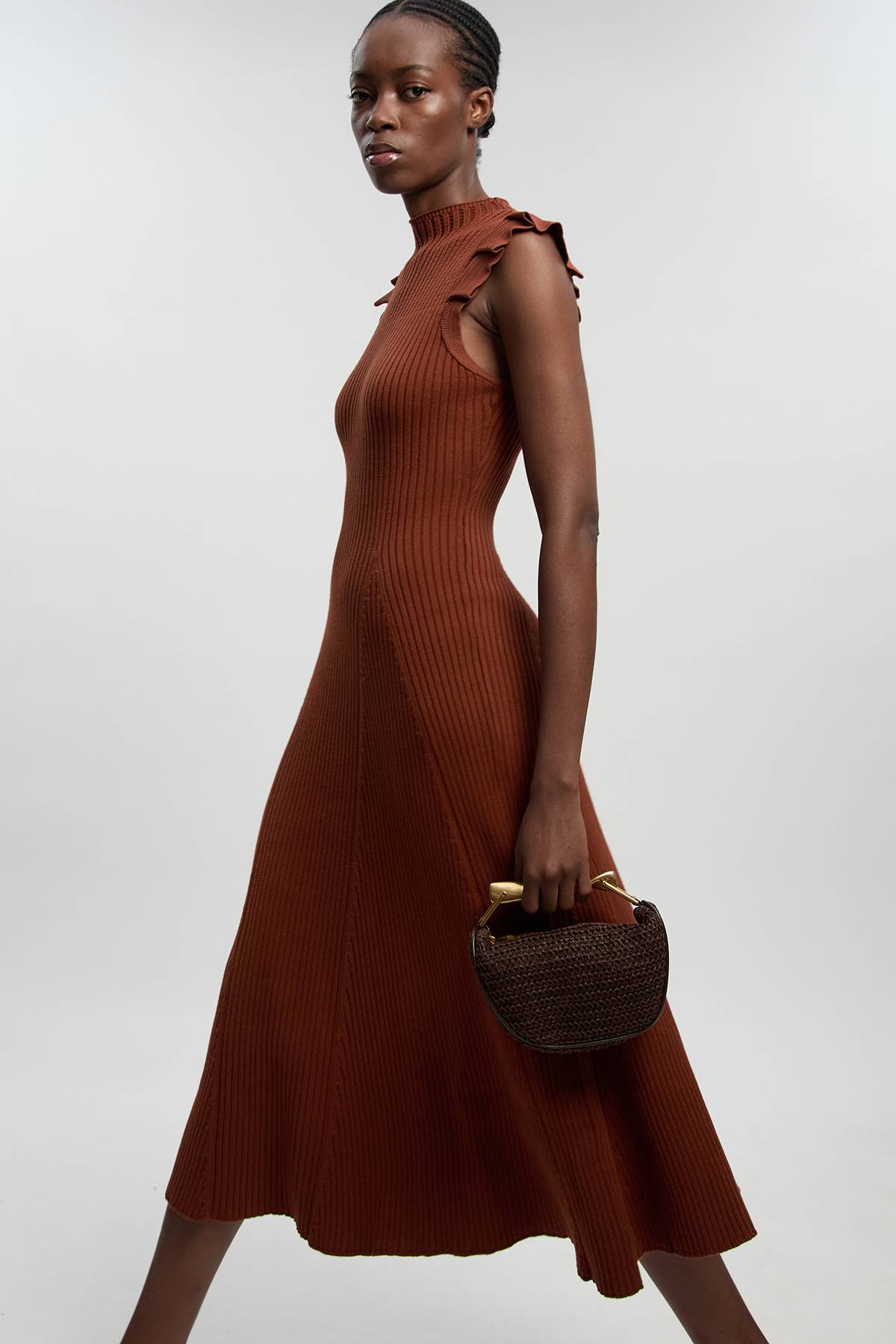 KarenMillen Robe Mi-Longue Tricot à Manches Volantées Pointelle