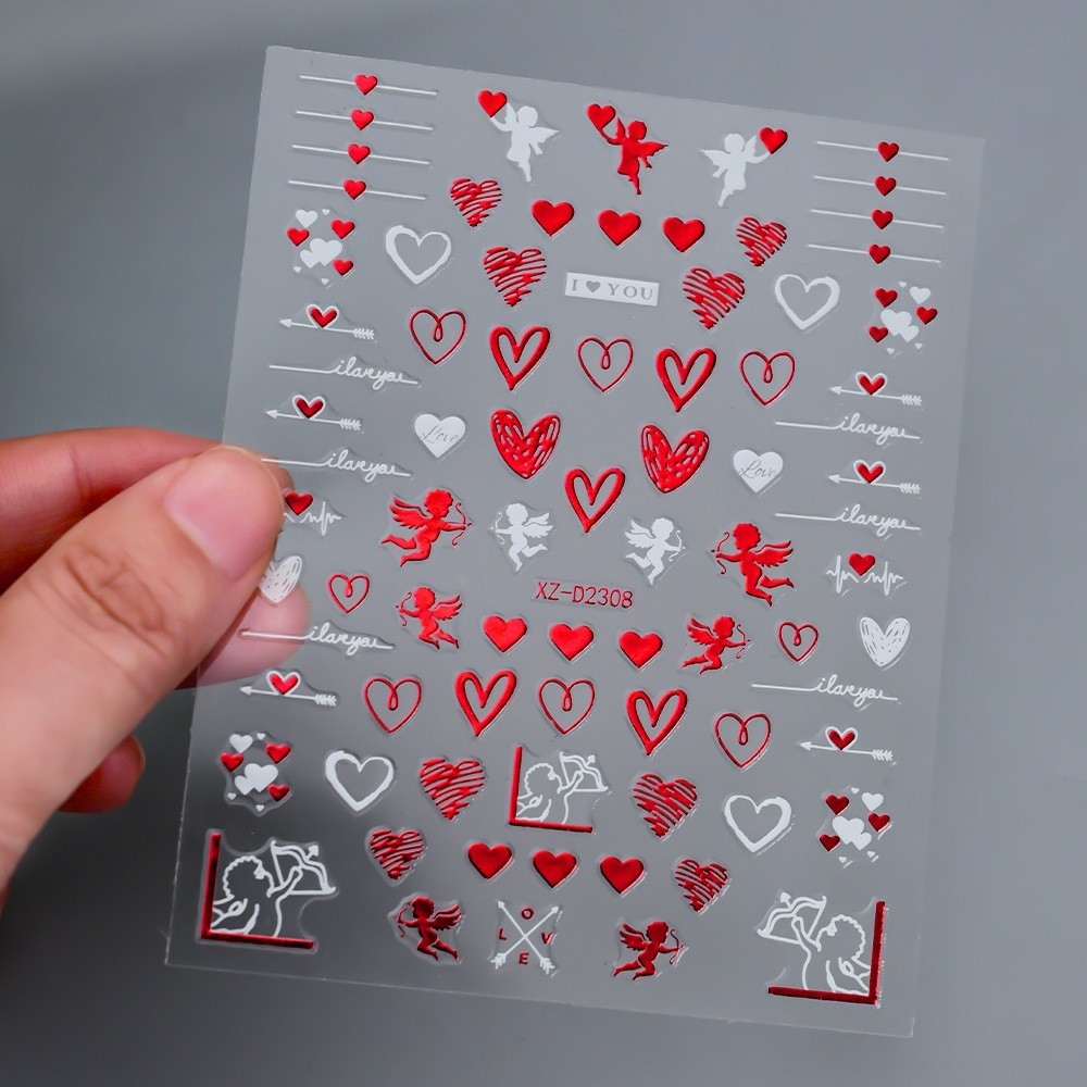 (808-tlg. Set) Nagel Sticker Nail Art Tattoo Selbstklebende Aufkleber Valentinstag - Rot / Weiss