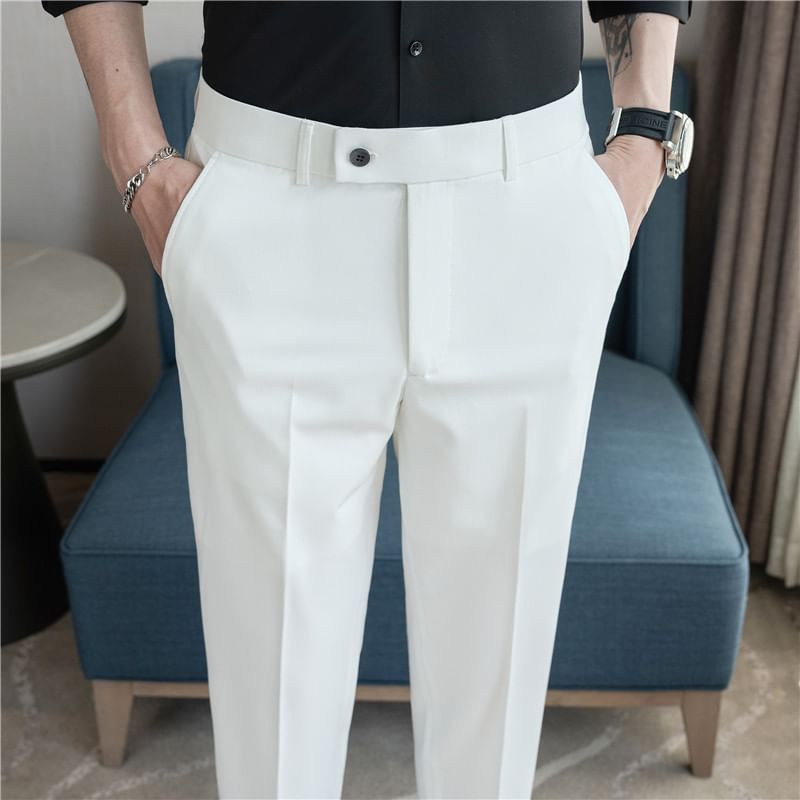 Lefitt - Mid Rise Plain Cropped Straight Leg Dress Pants
